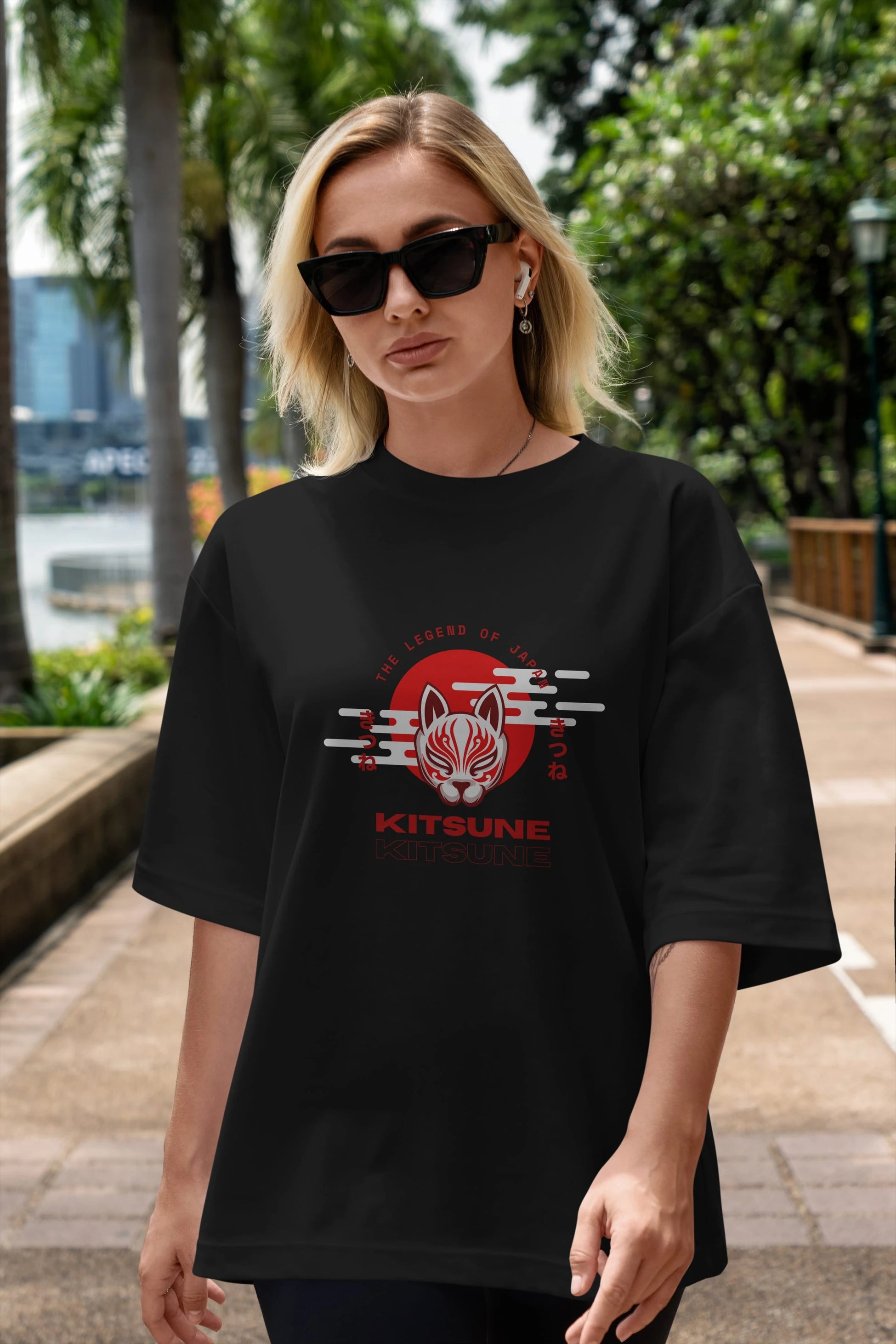 Kitsune Mask Ön Baskılı Oversize t-shirt Erkek Kadın Unisex