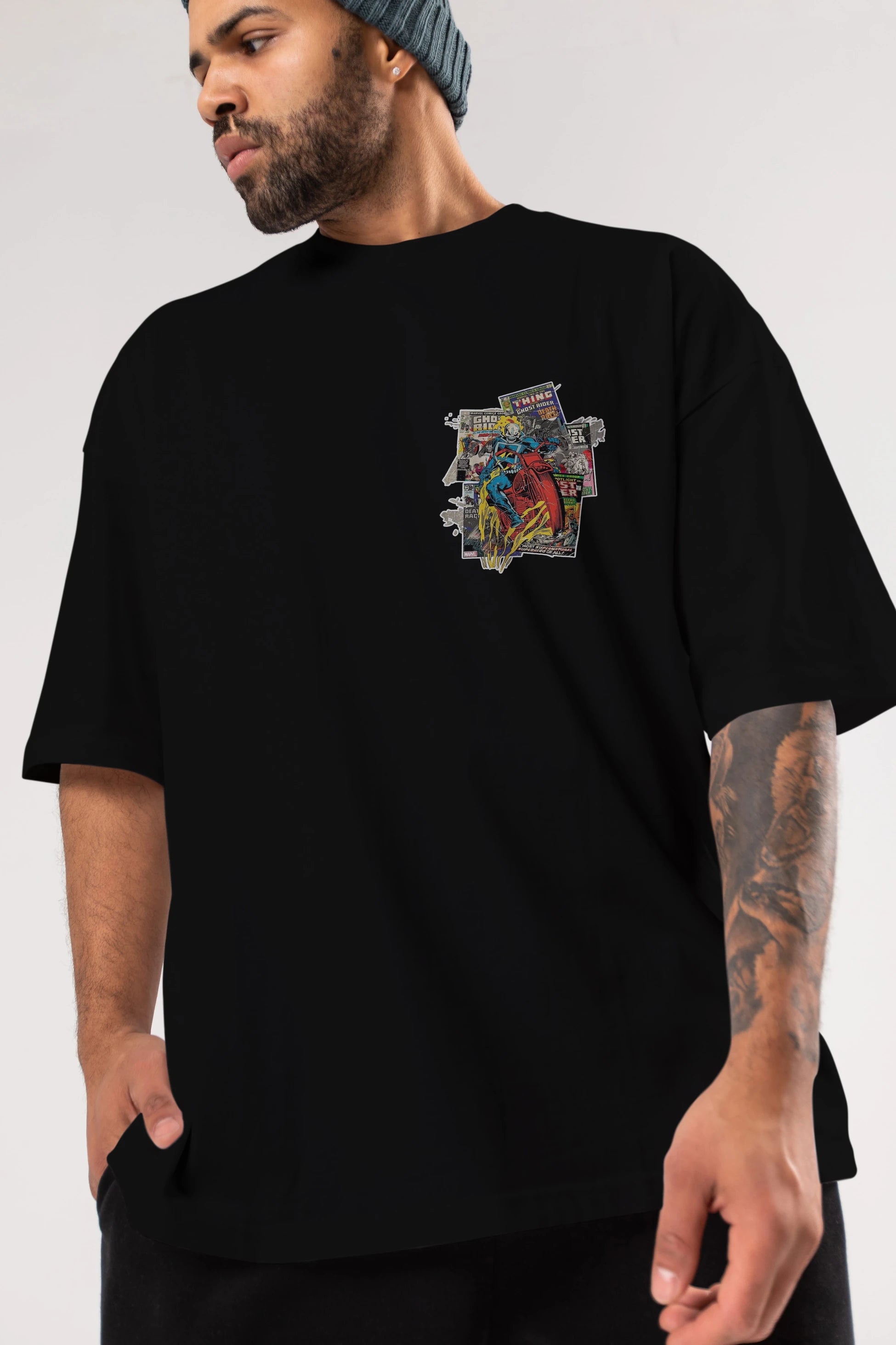 Ghost Rider Ön Sol Baskılı Oversize t-shirt Erkek Kadın Unisex %100 Pamuk Bisiklet Yaka tişort