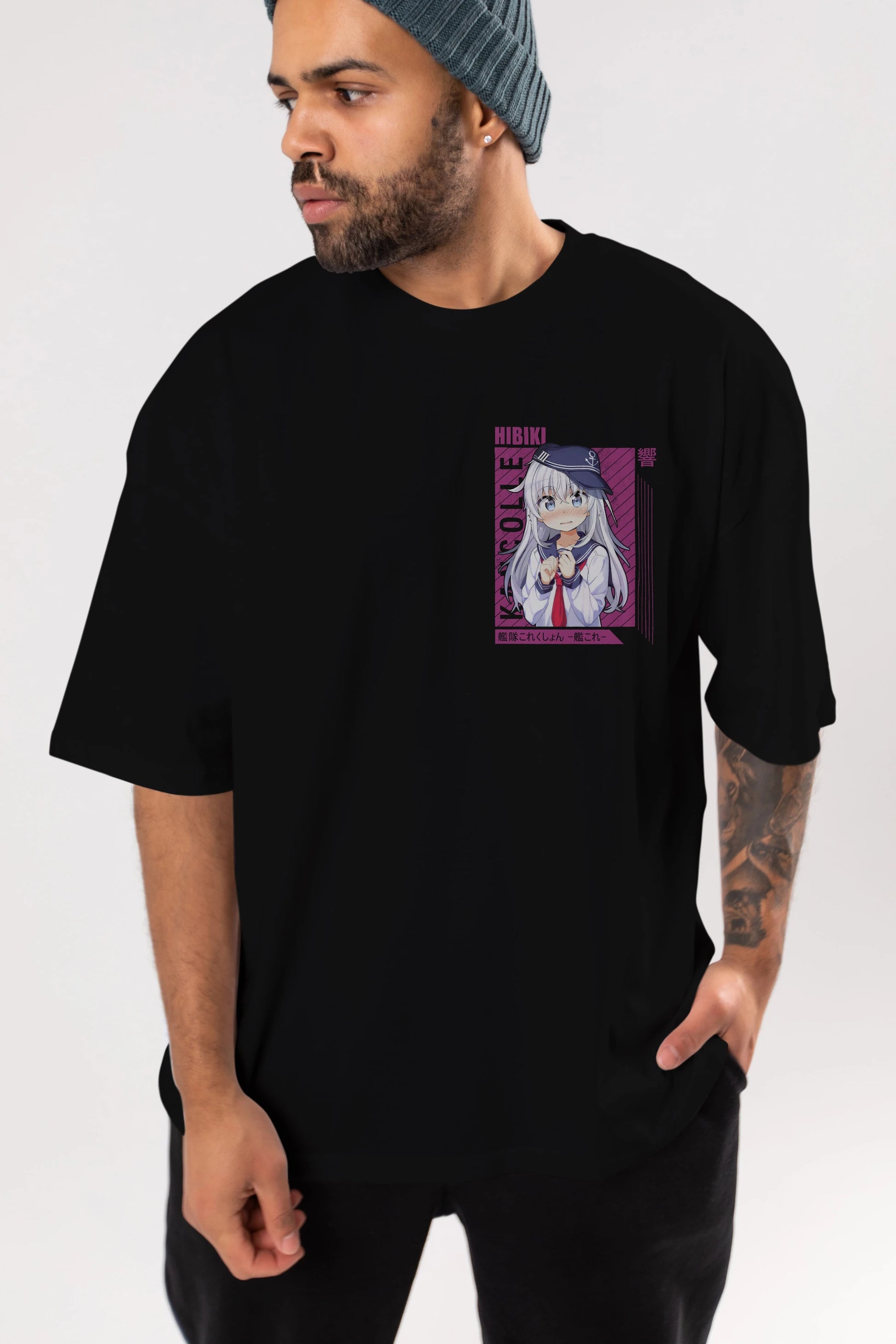 Hibiki 4 Ön Sol Baskılı Oversize t-shirt Erkek Kadın Unisex %100 Pamuk Bisiklet Yaka tişort