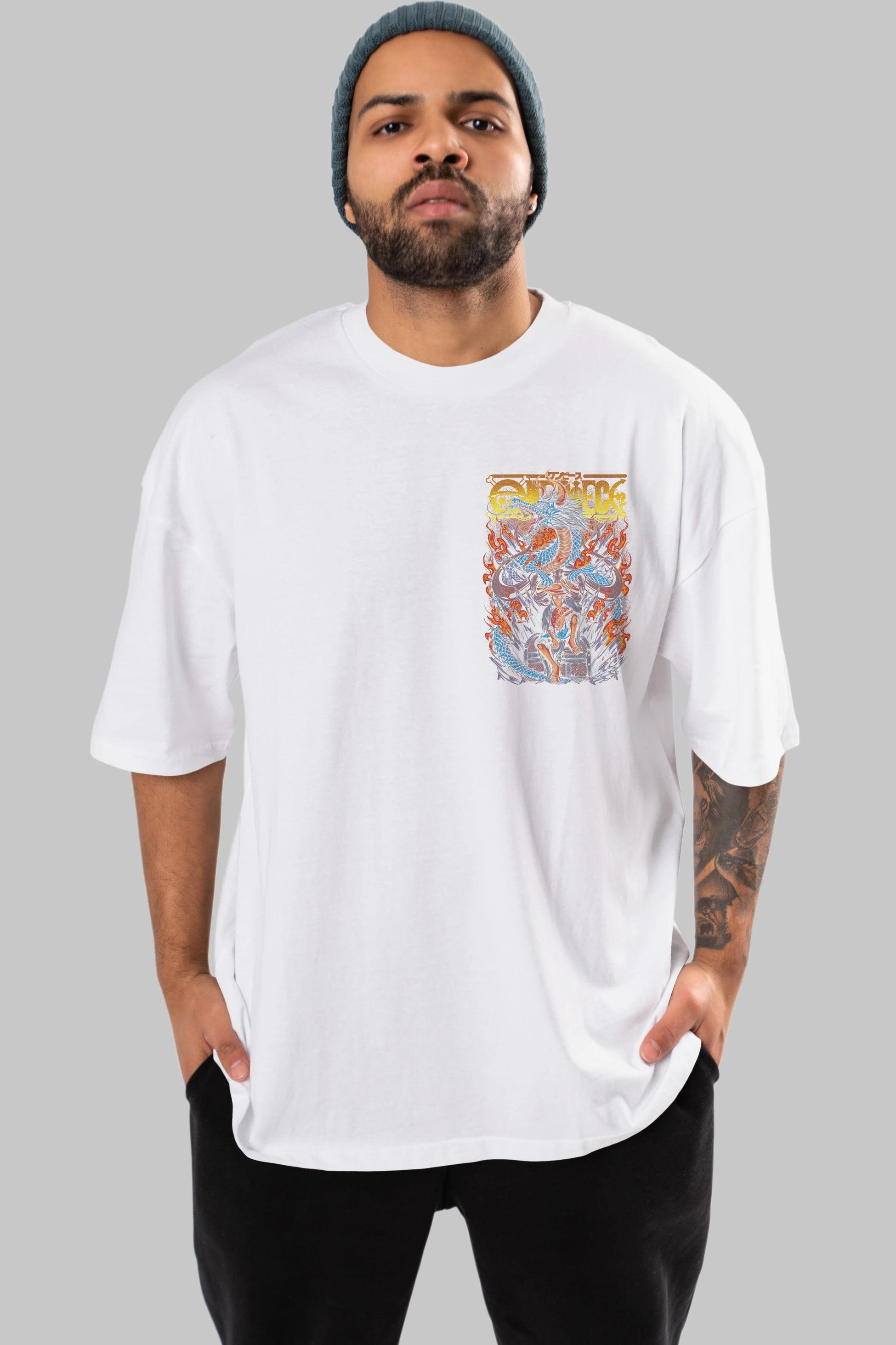 MONKEY D. LUFF-ONE PIECE Ön Sol Baskılı Oversize t-shirt Erkek Kadın Unisex %100 Pamuk Bisiklet Yaka tişort