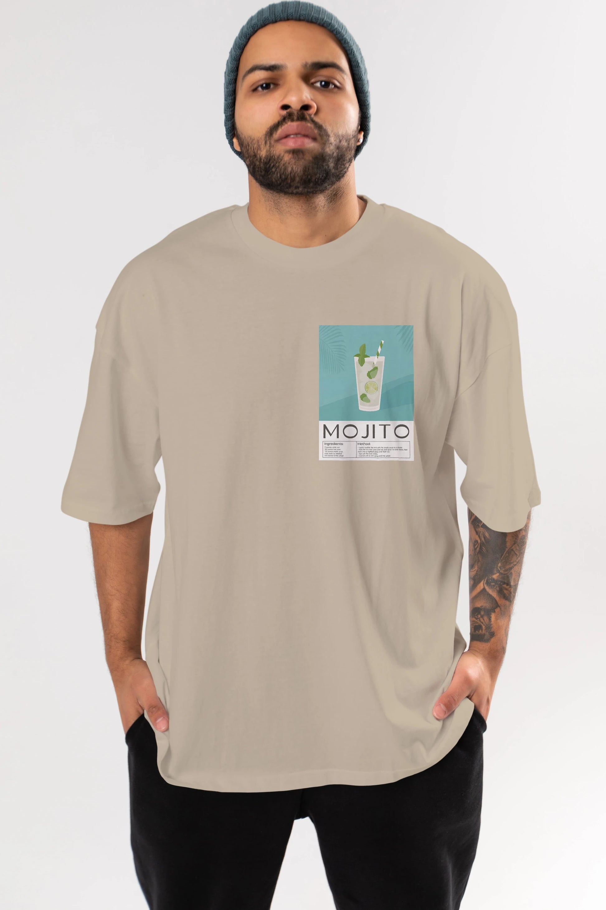 Mojito 4 Ön Sol Baskılı Oversize t-shirt Erkek Kadın Unisex %100 Pamuk Bisiklet Yaka tişort
