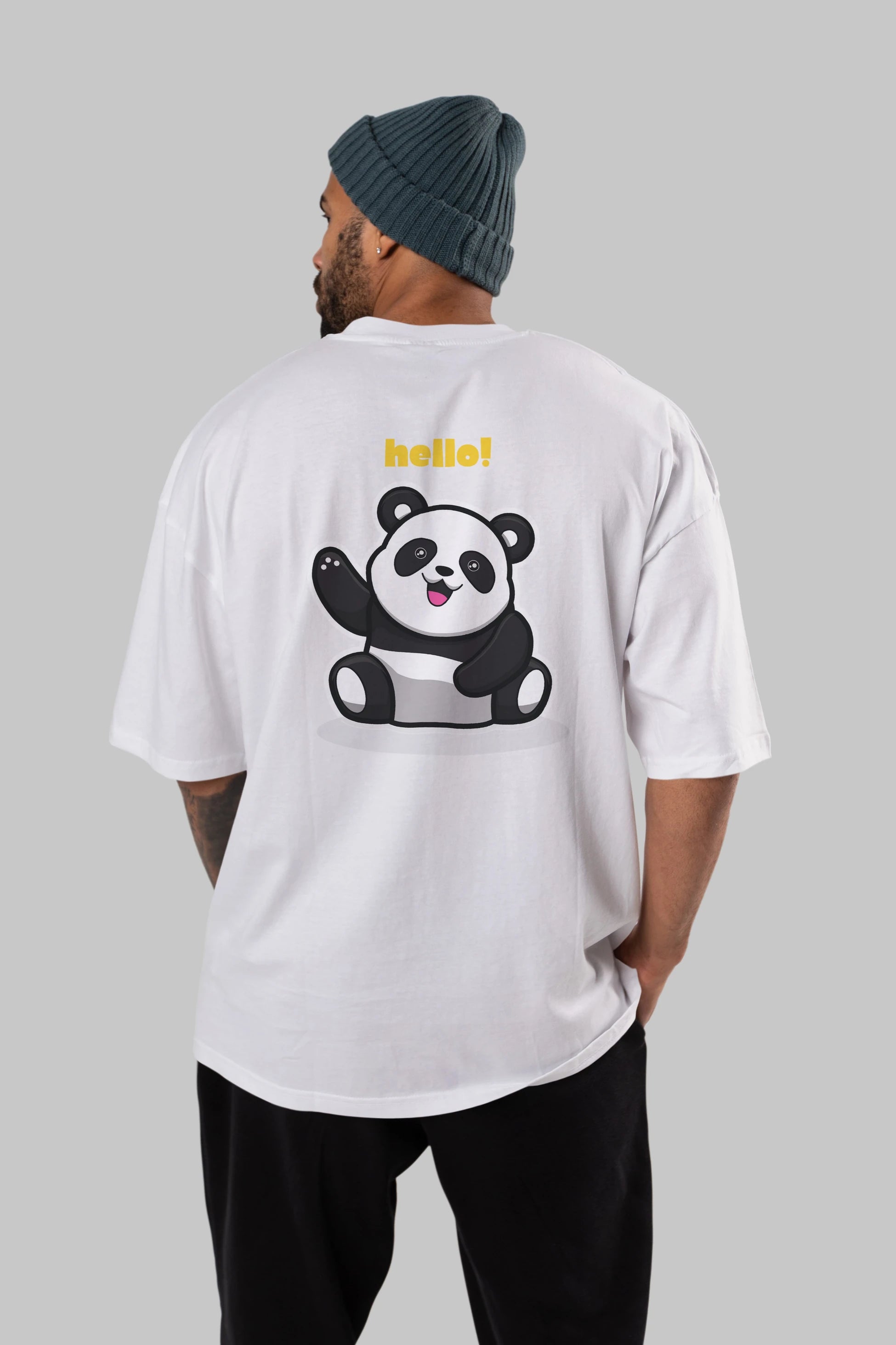 Hello Panda Arka Baskılı Oversize t-shirt Erkek Kadın Unisex