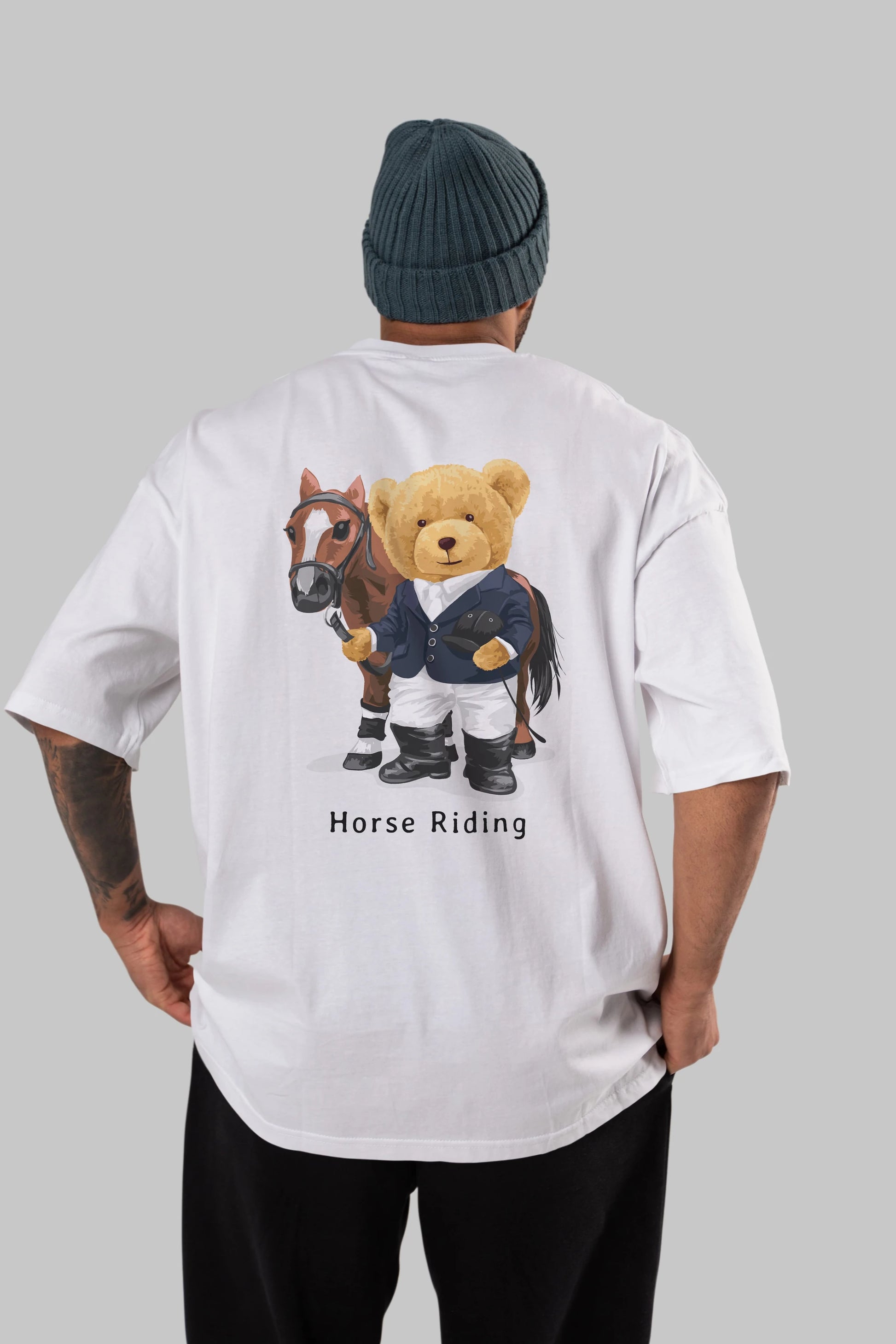 Teddy Bear Horse Riding Arka Baskılı Oversize t-shirt Erkek Kadın Unisex %100 Pamuk