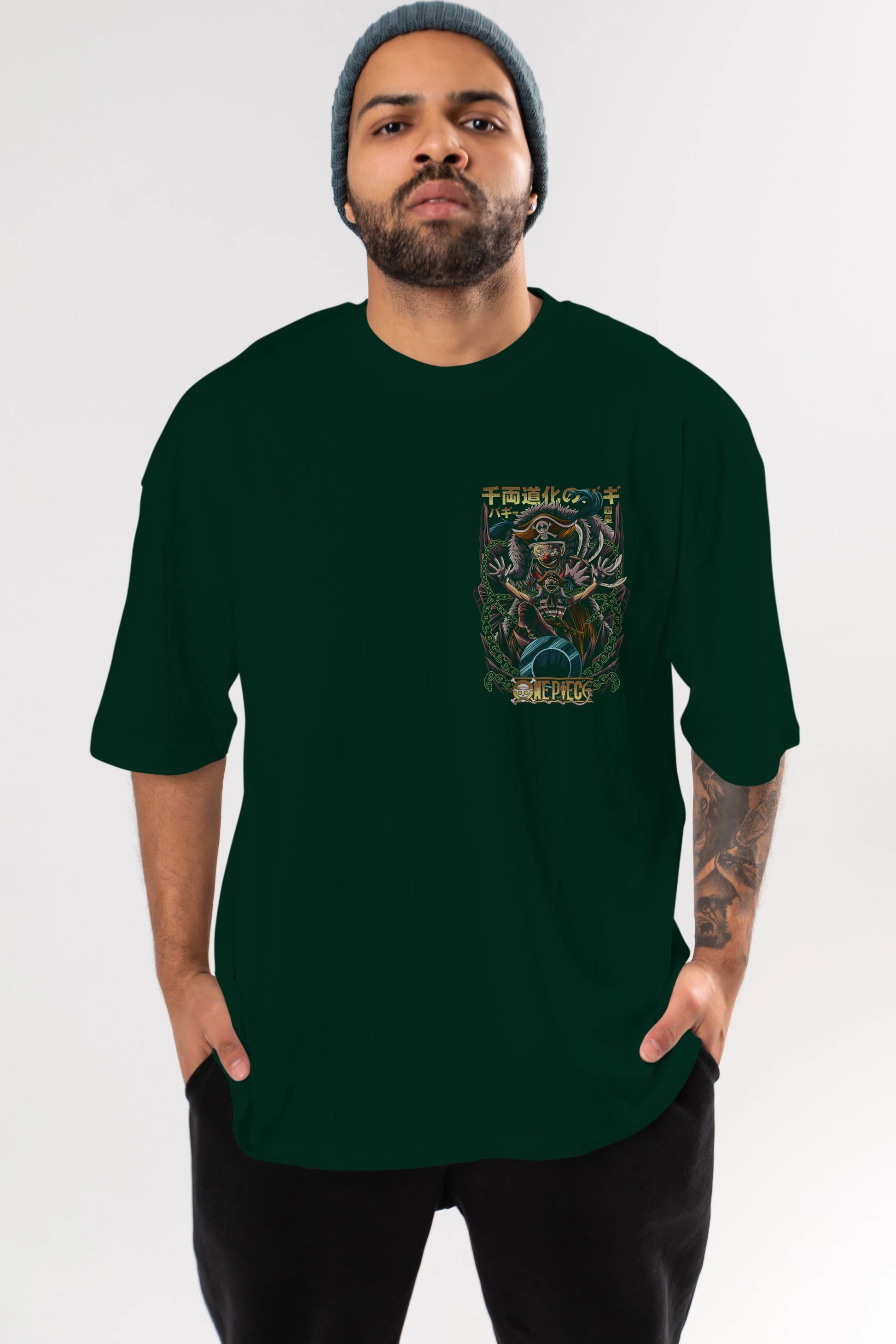 ONE PIECE (5) Ön Sol Baskılı Oversize t-shirt Erkek Kadın Unisex %100 Pamuk Bisiklet Yaka tişort
