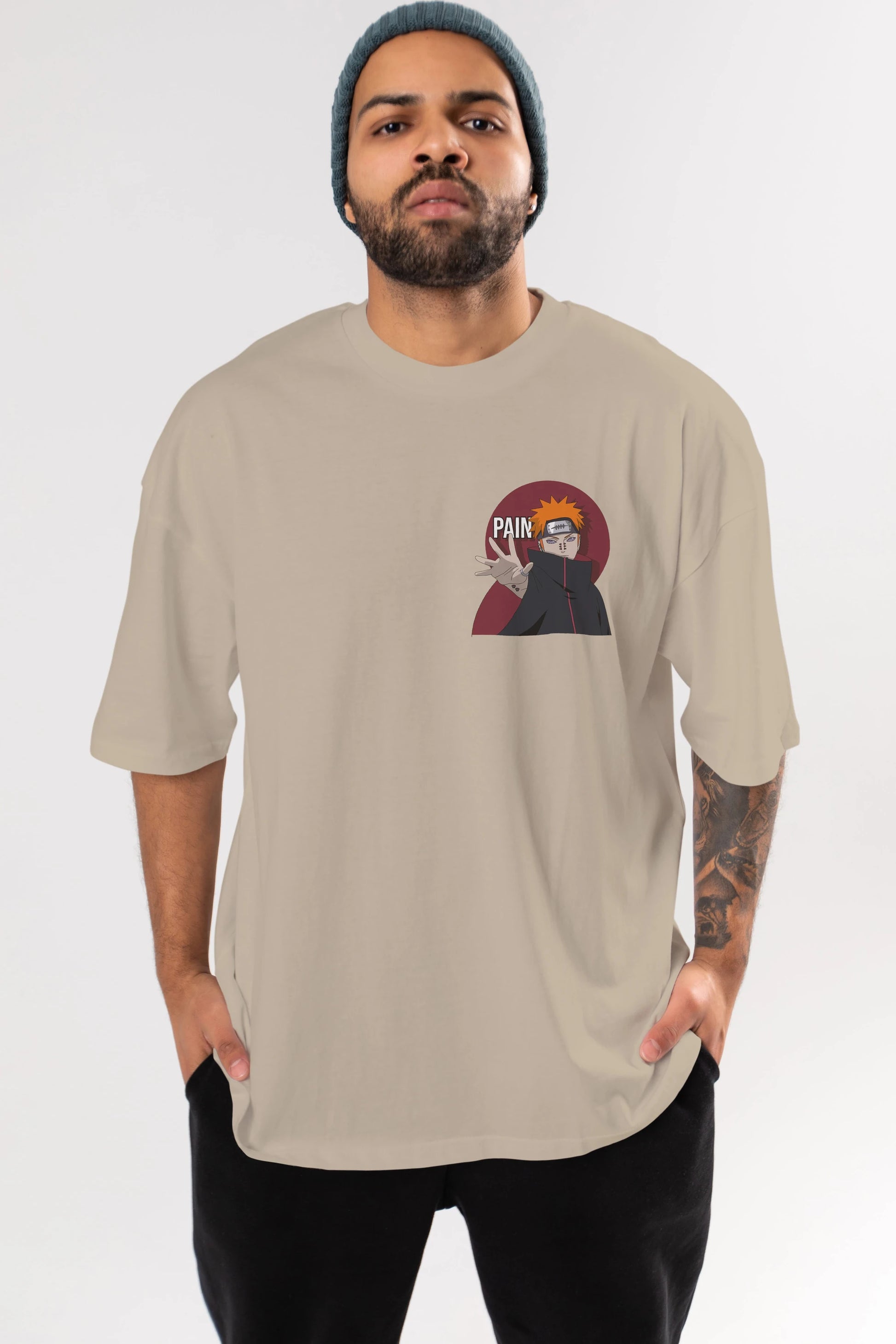 PAIN NARUTO Ön Sol Baskılı Oversize t-shirt Erkek Kadın Unisex %100 Pamuk Bisiklet Yaka tişort