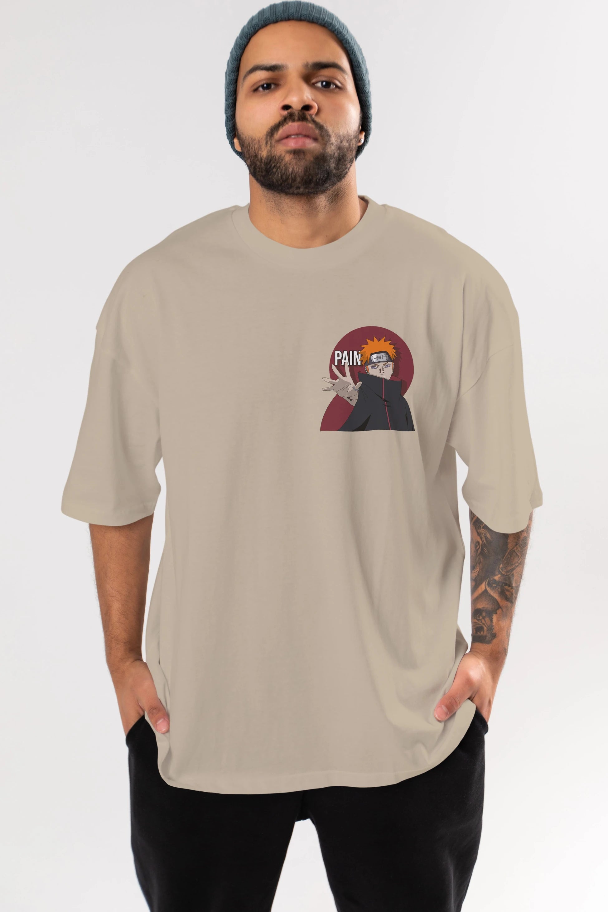 PAIN NARUTO Ön Sol Baskılı Oversize t-shirt Erkek Kadın Unisex %100 Pamuk Bisiklet Yaka tişort