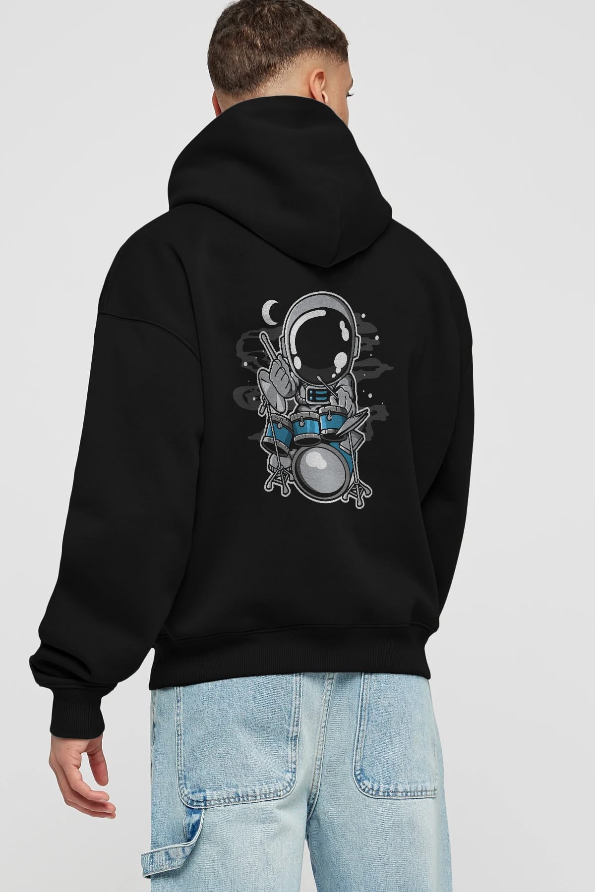 Astronaut Drummer Arka Baskılı Hoodie Oversize Kapüşonlu Sweatshirt Erkek Kadın Unisex