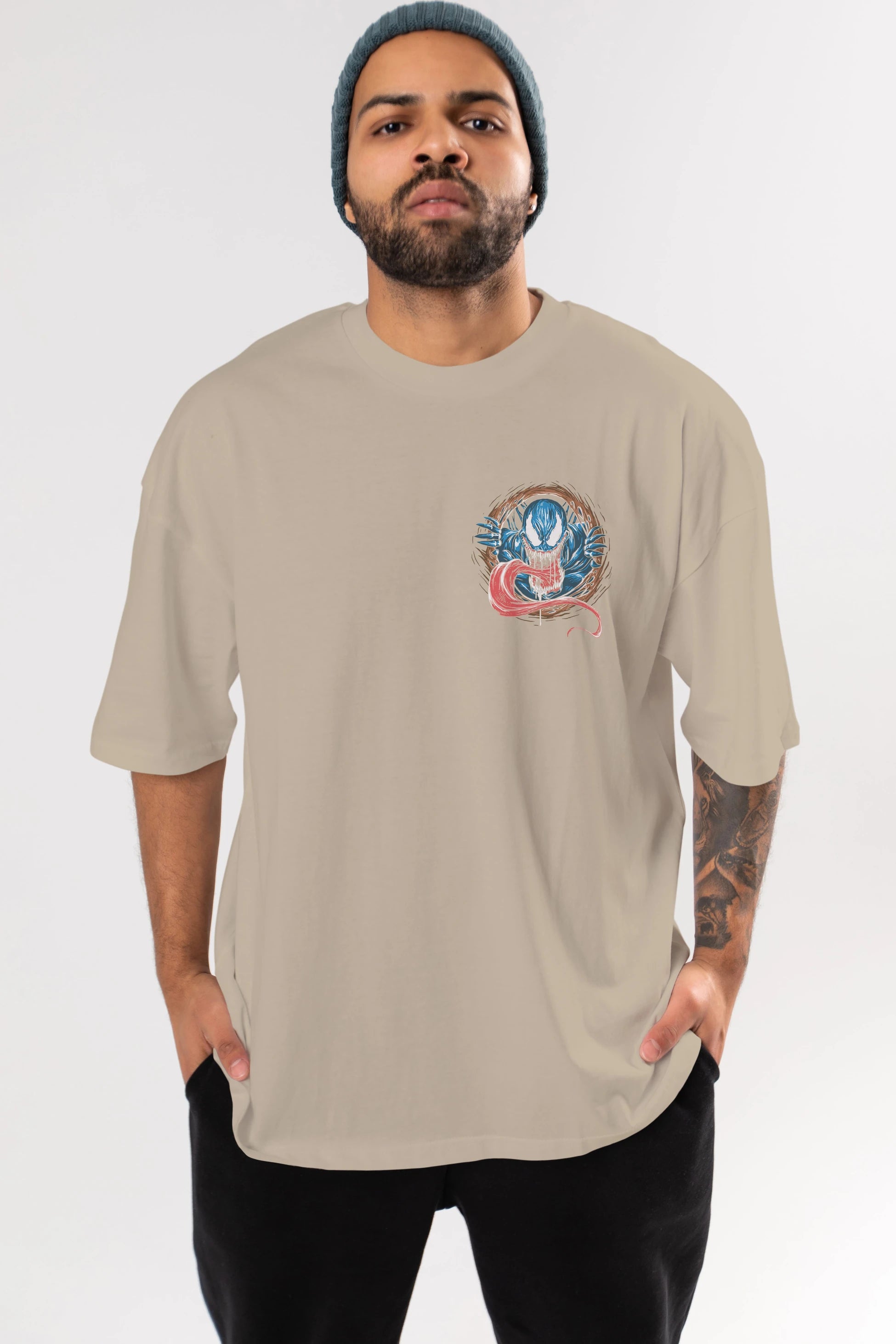 Venom (7) Ön Sol Baskılı Oversize t-shirt Erkek Kadın Unisex %100 Pamuk Bisiklet Yaka tişort