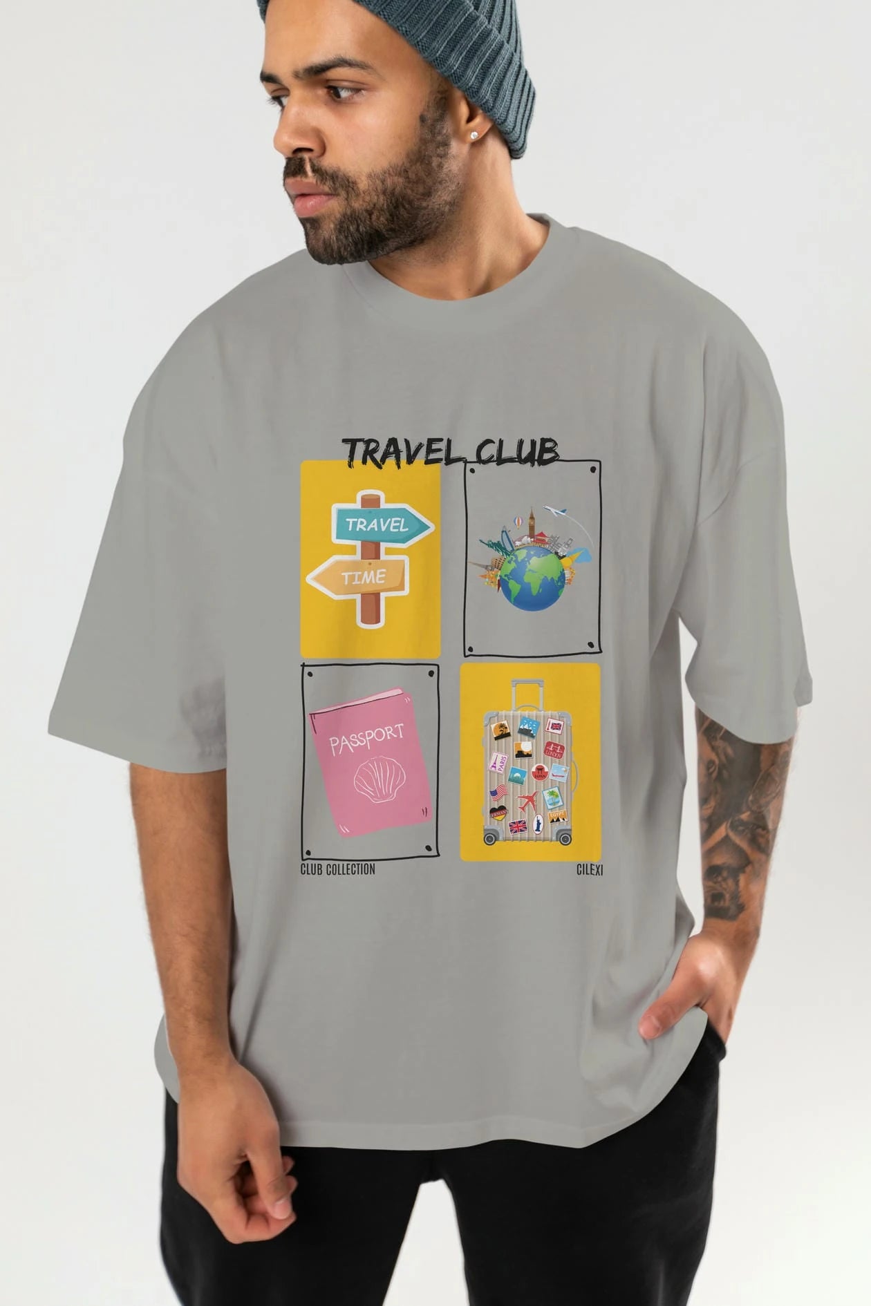 Travel Club ön Baskılı Oversize t-shirt Erkek Kadın %100 Pamuk Bisiklet Yaka tişort