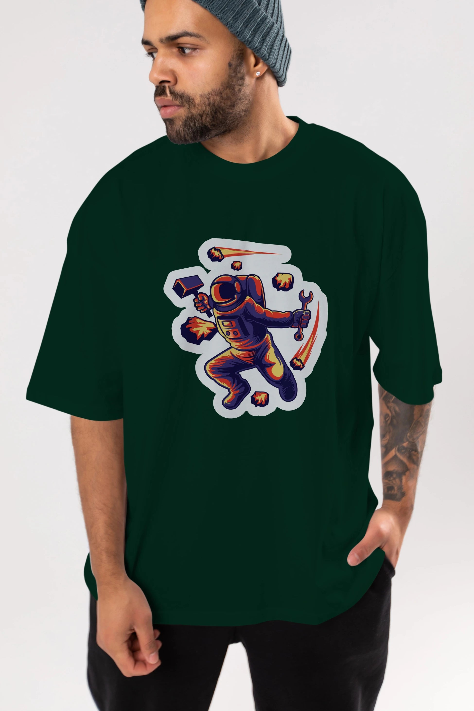 Astronaut Block Meteor Sticker Ön Baskılı Oversize t-shirt Erkek Kadın Unisex