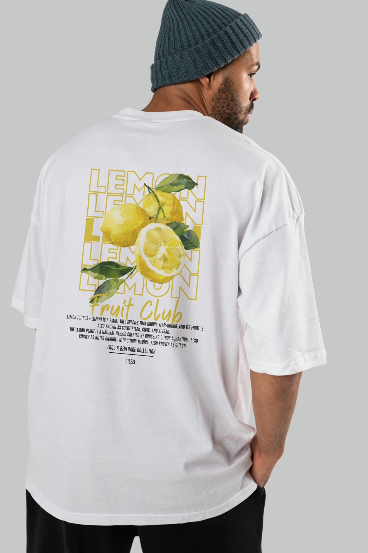 Lemon Arka Baskılı Oversize t-shirt Erkek Kadın Pamuk Bisiklet Yaka tişort