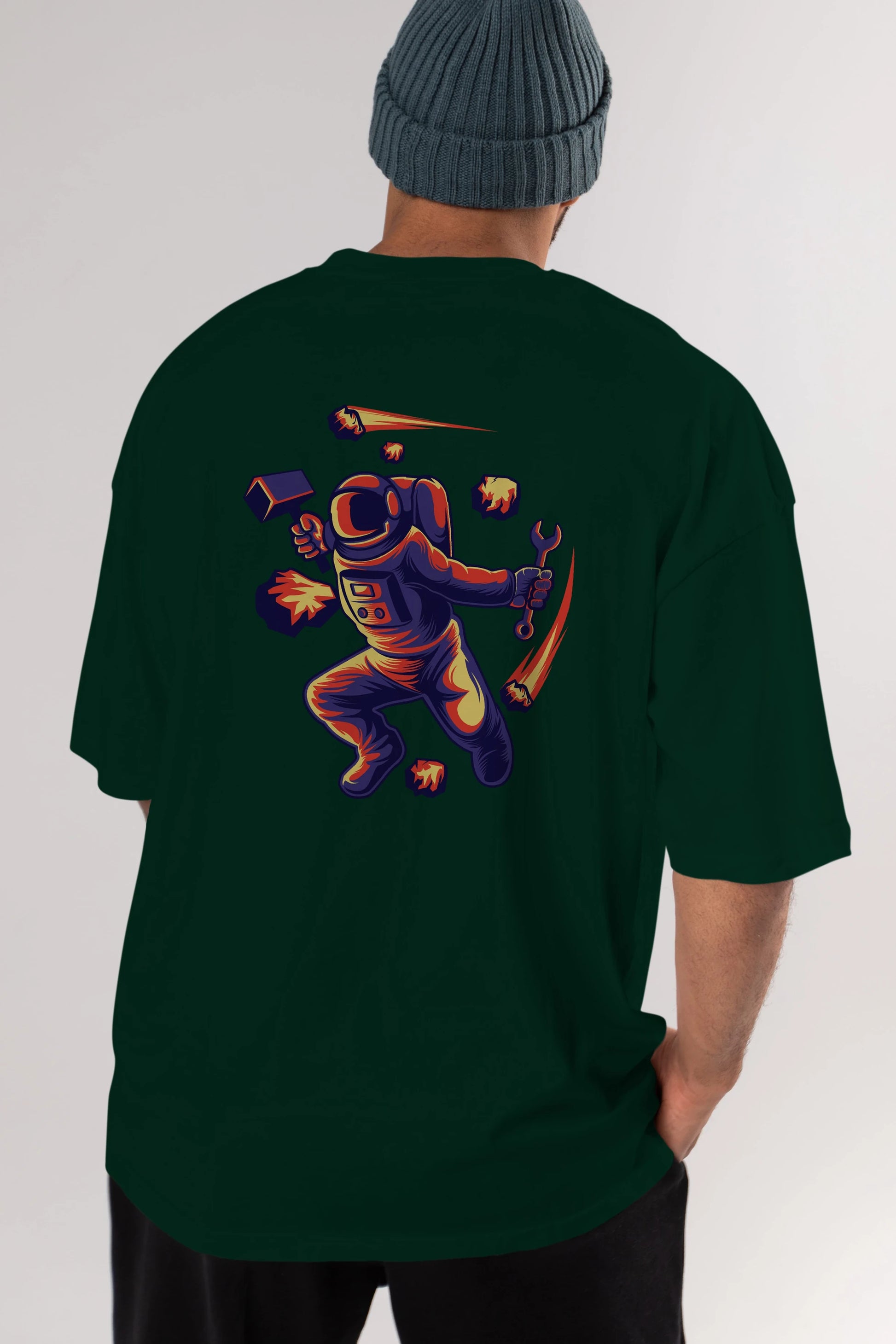 Astronaut Block Meteor Arka Baskılı Oversize t-shirt Erkek Kadın Unisex