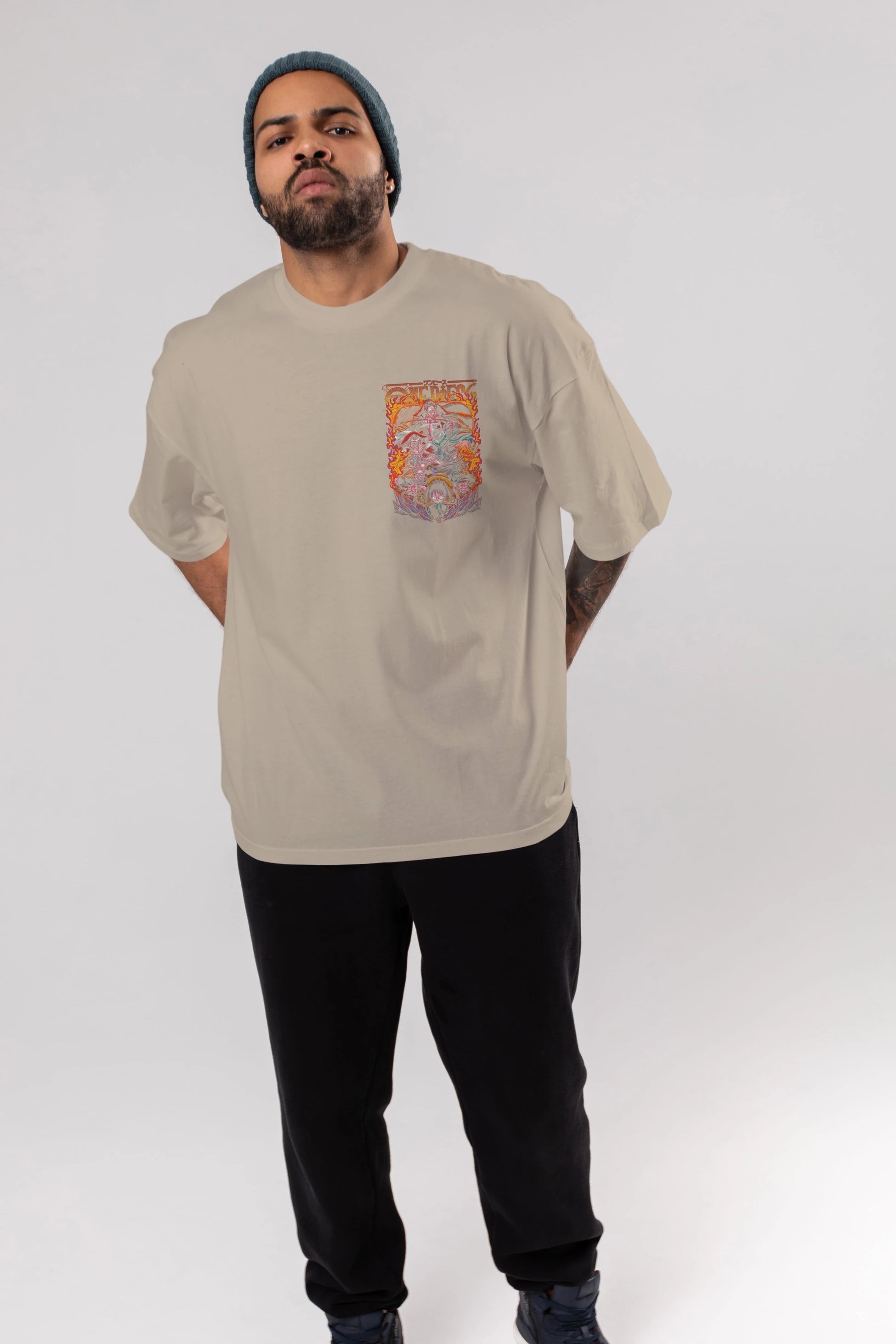 ONE PIECE (3) Ön Sol Baskılı Oversize t-shirt Erkek Kadın Unisex %100 Pamuk Bisiklet Yaka tişort
