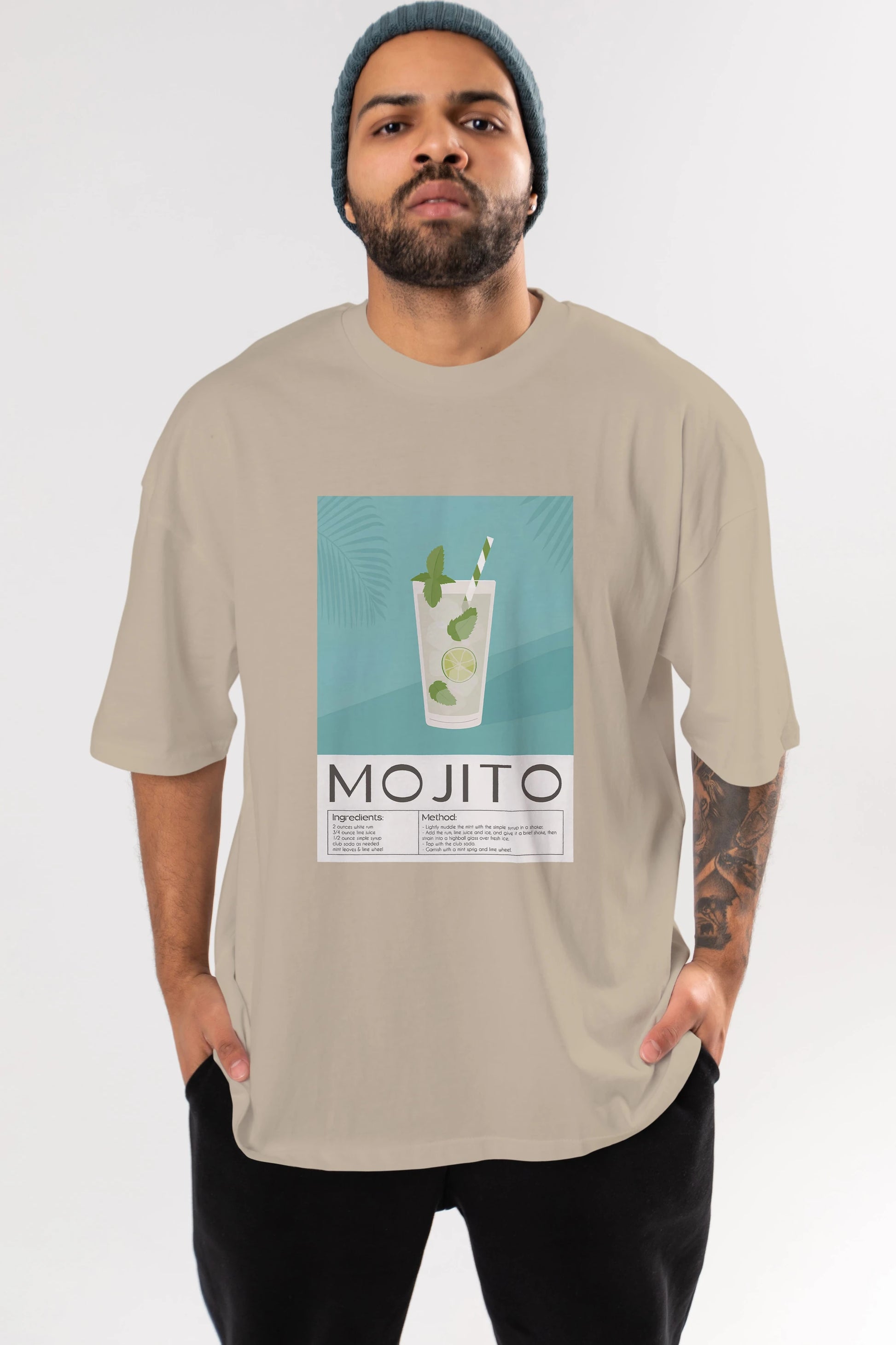 Mojito 4 Ön Baskılı Oversize t-shirt Erkek Kadın Unisex %100 Pamuk Bisiklet Yaka tişort