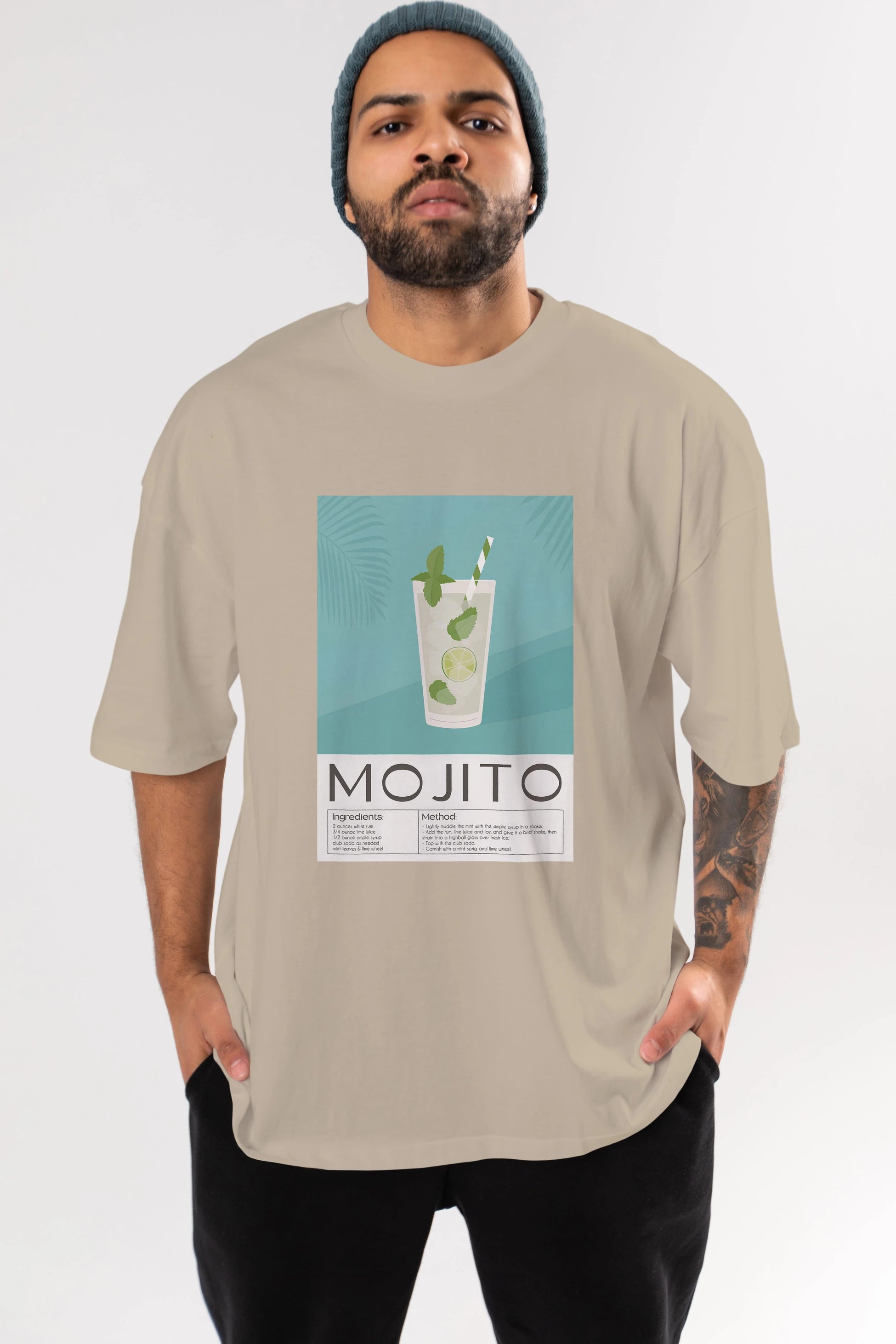 Mojito 4 Ön Baskılı Oversize t-shirt Erkek Kadın Unisex %100 Pamuk Bisiklet Yaka tişort