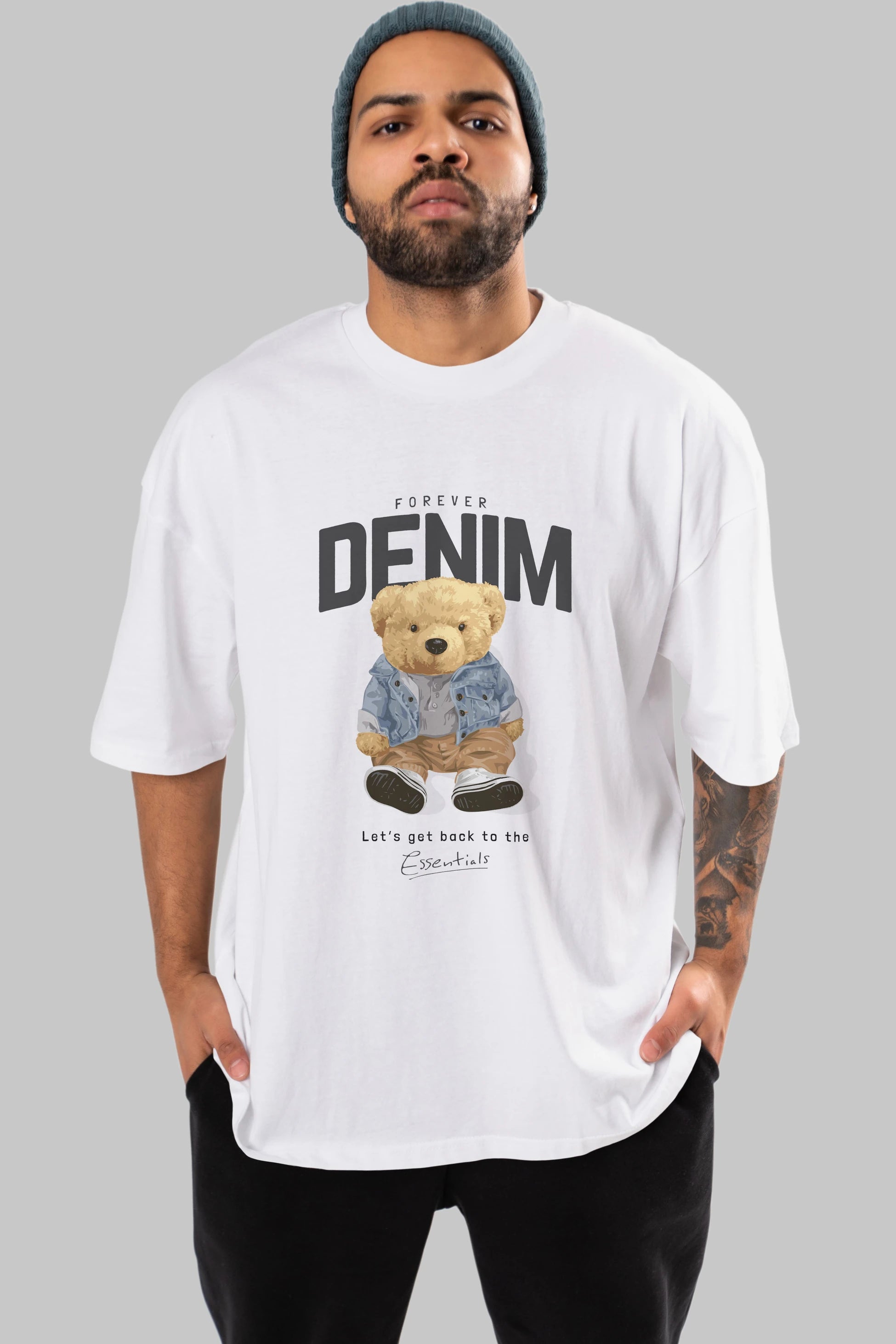 Teddy Bear Forever Denim Ön Baskılı Oversize t-shirt Erkek Kadın Unisex %100 Pamuk