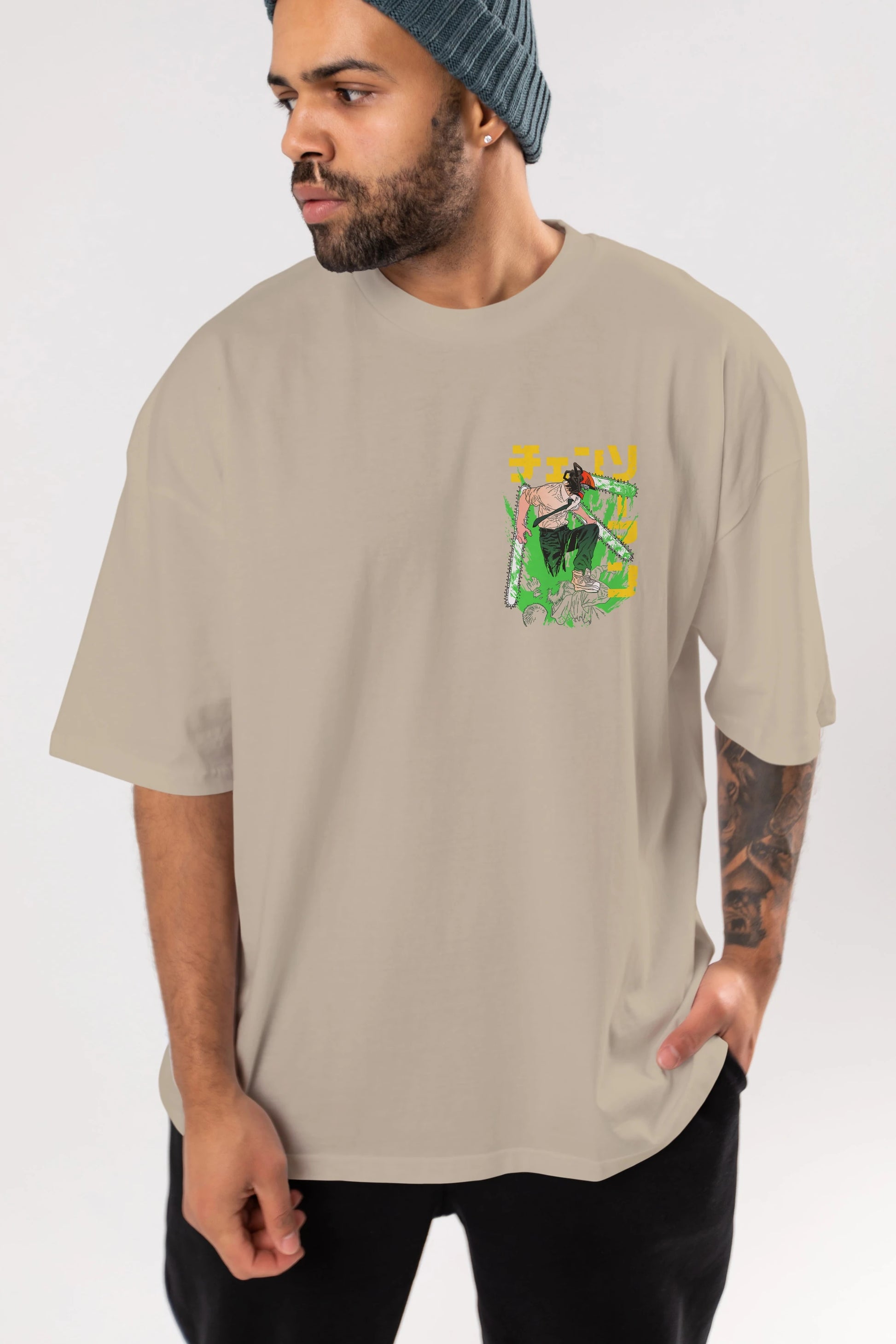 CHAINSAWMAN DENJI Ön Sol Baskılı Oversize t-shirt Erkek Kadın Unisex %100 Pamuk Bisiklet Yaka tişort