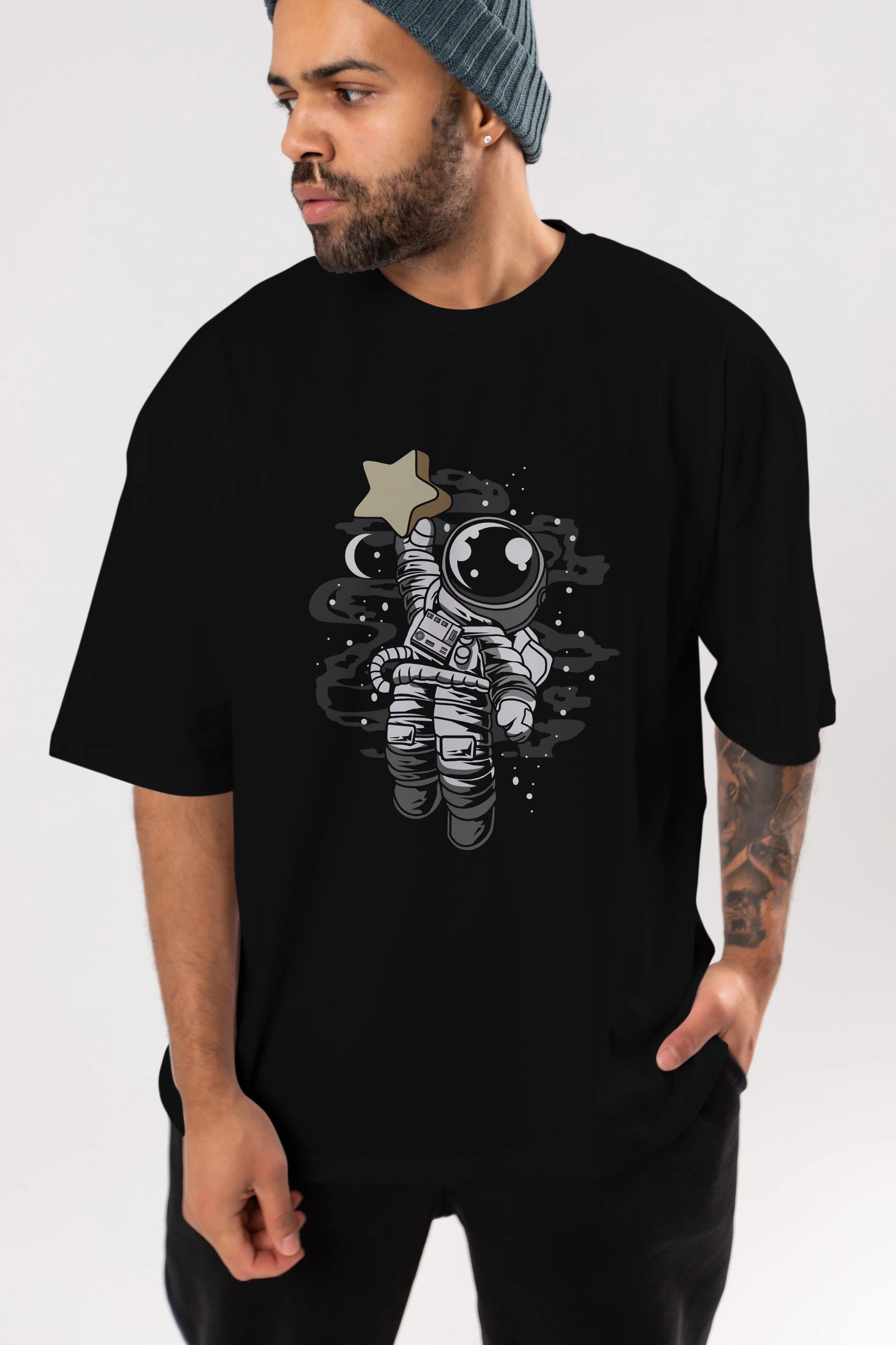 Astronaut Reach The Star Ön Baskılı Oversize t-shirt Erkek Kadın Unisex