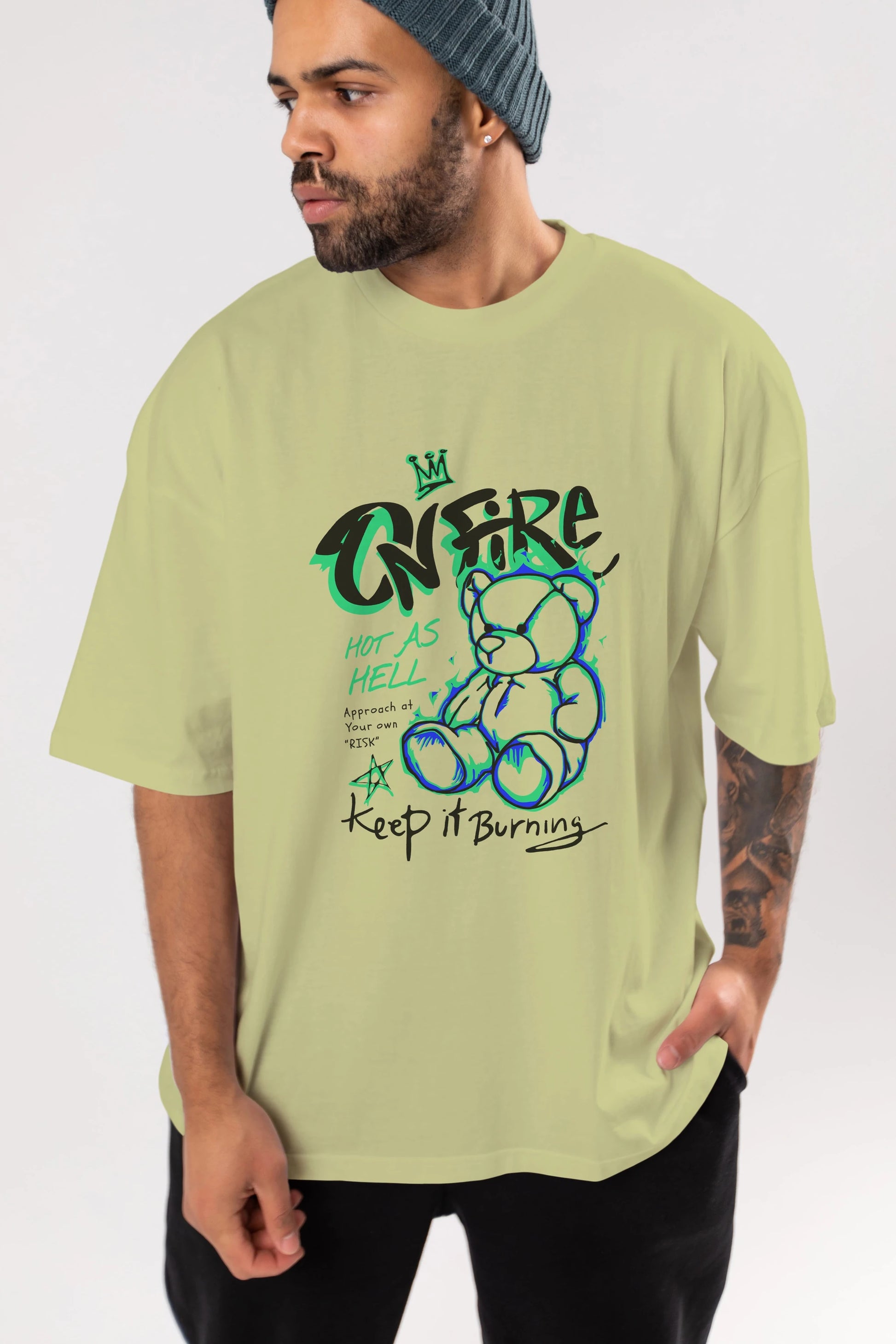 On Fire Bear Ön Baskılı Oversize t-shirt Erkek Kadın Unisex
