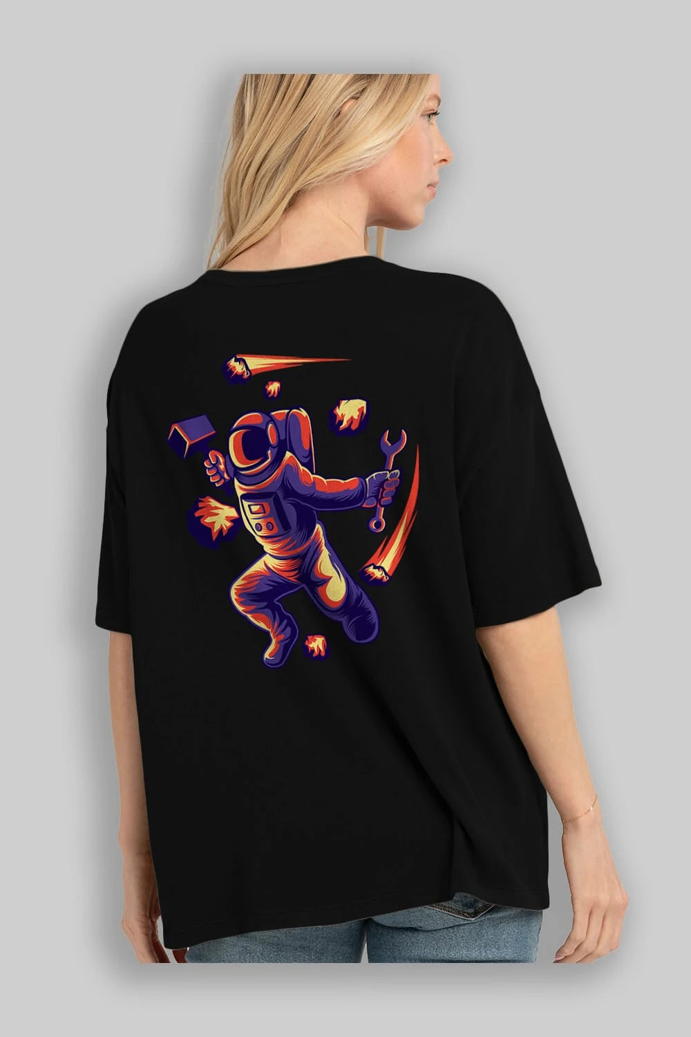 Astronaut Block Meteor Arka Baskılı Oversize t-shirt Erkek Kadın Unisex