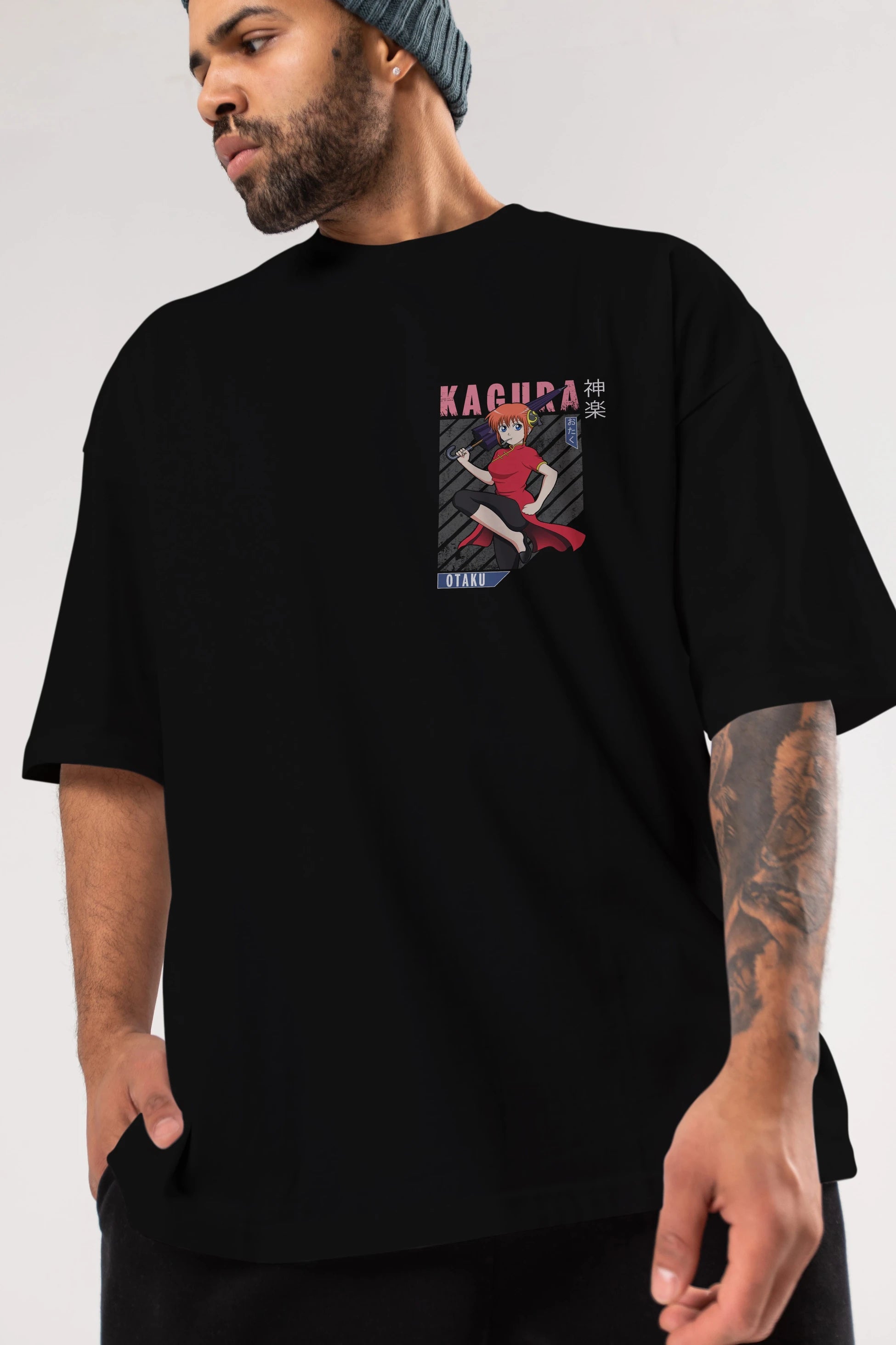 Kagura GINTAMA 1 Ön Sol Baskılı Oversize t-shirt Erkek Kadın Unisex %100 Pamuk Bisiklet Yaka tişort