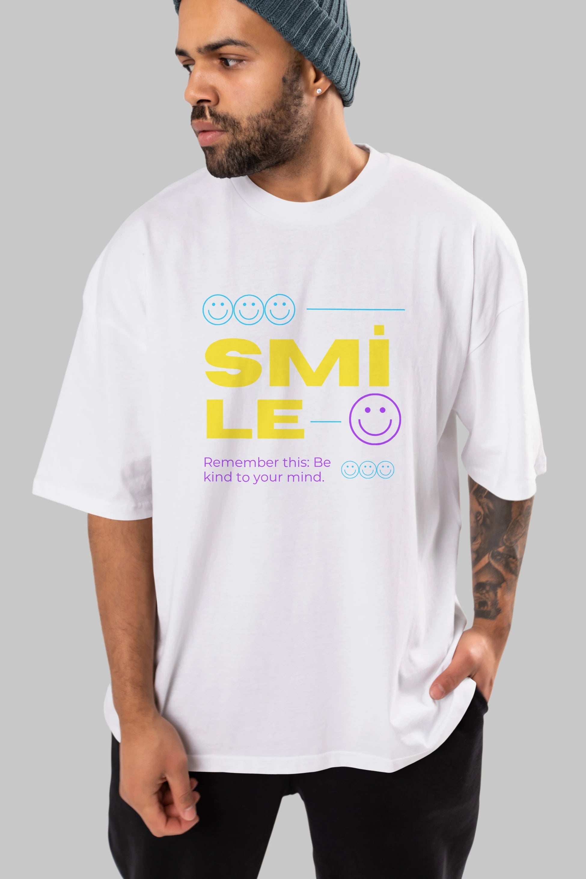 Smile Yazılı 2 Ön Baskılı Oversize t-shirt Erkek Kadın Unisex