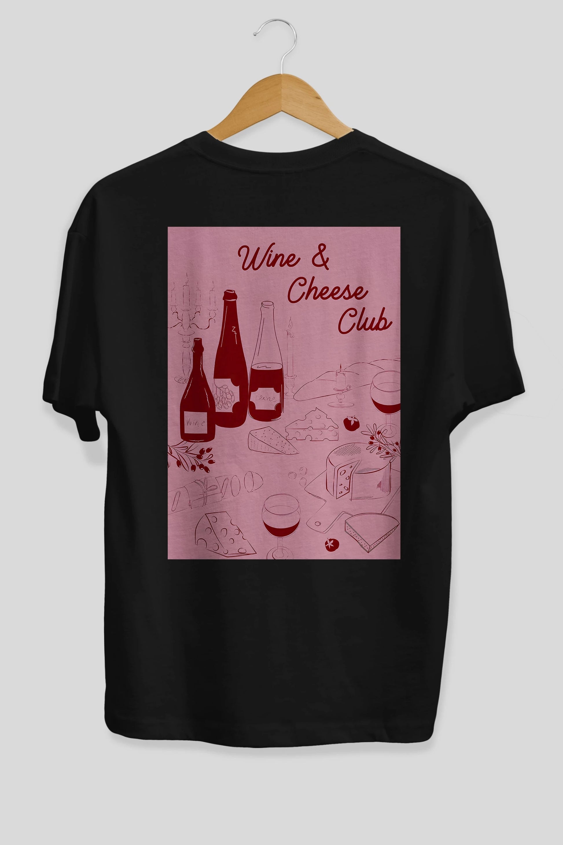 Wine Cheese Club Arka Baskılı Oversize t-shirt Erkek Kadın Unisex %100 Pamuk Bisiklet Yaka tişort