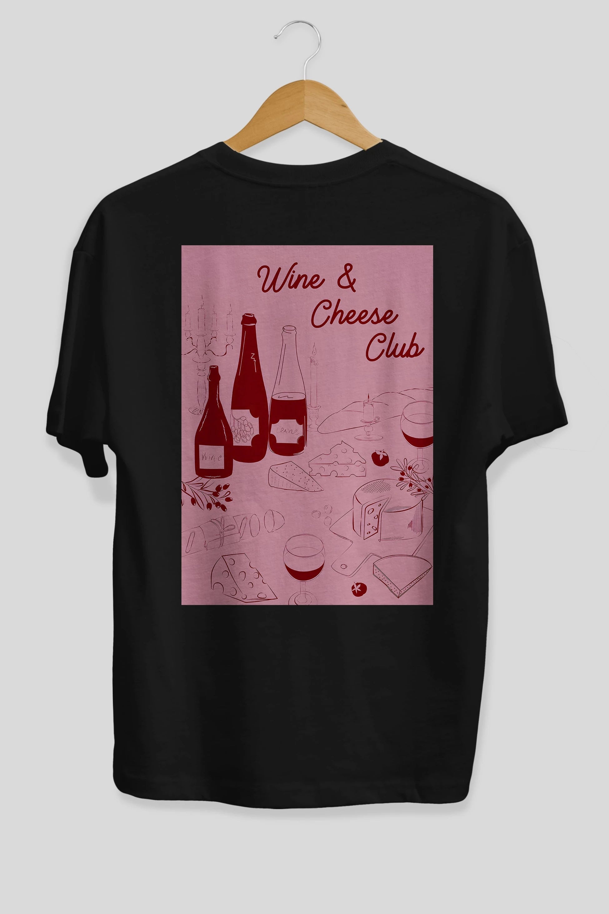 Wine Cheese Club Arka Baskılı Oversize t-shirt Erkek Kadın Unisex %100 Pamuk Bisiklet Yaka tişort
