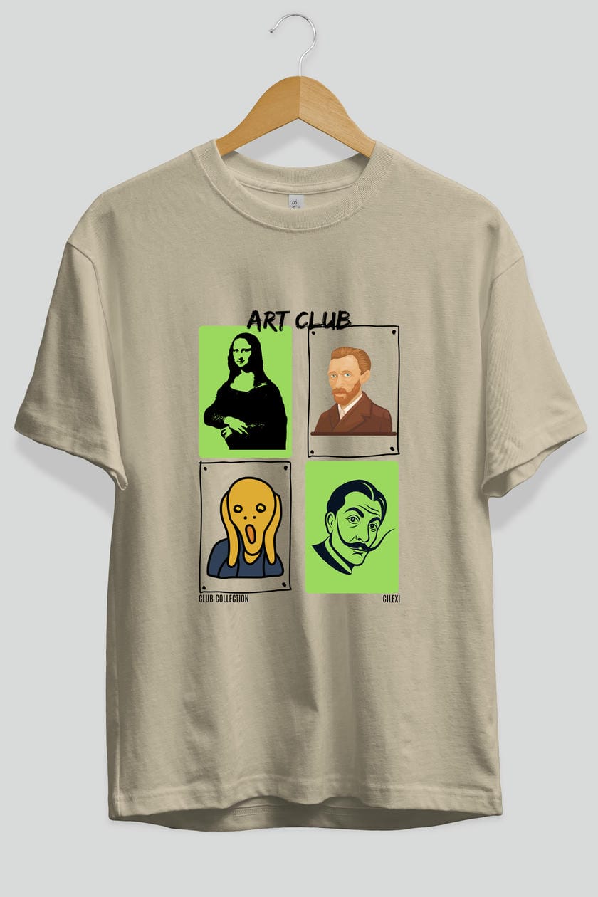 Art Club ön Baskılı Oversize t-shirt Erkek Kadın %100 Pamuk Bisiklet Yaka tişort