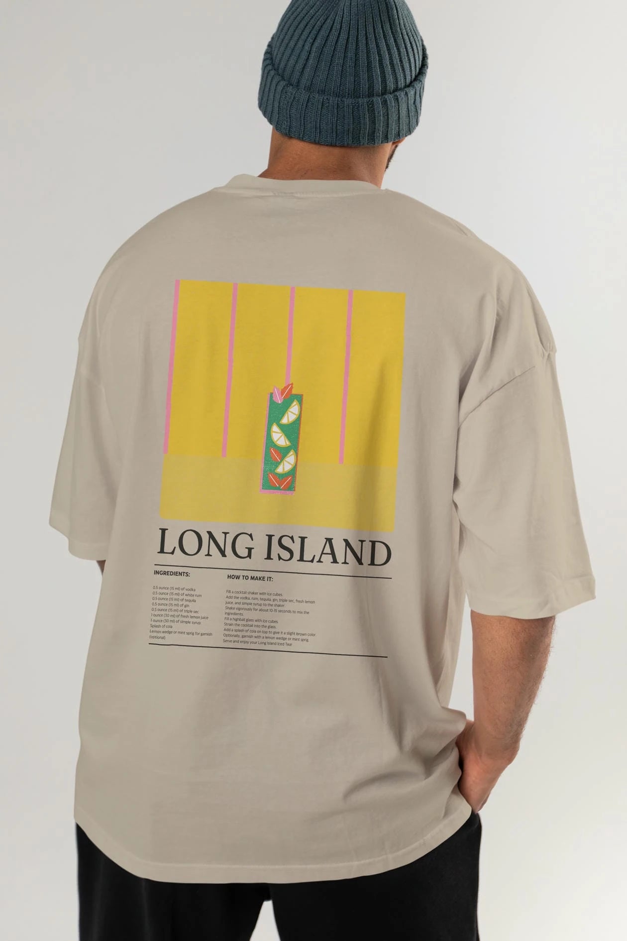 Long Island Kokteyl Serisi Arka Baskılı Oversize t-shirt Erkek Kadın %100 Pamuk Bisiklet Yaka tişort