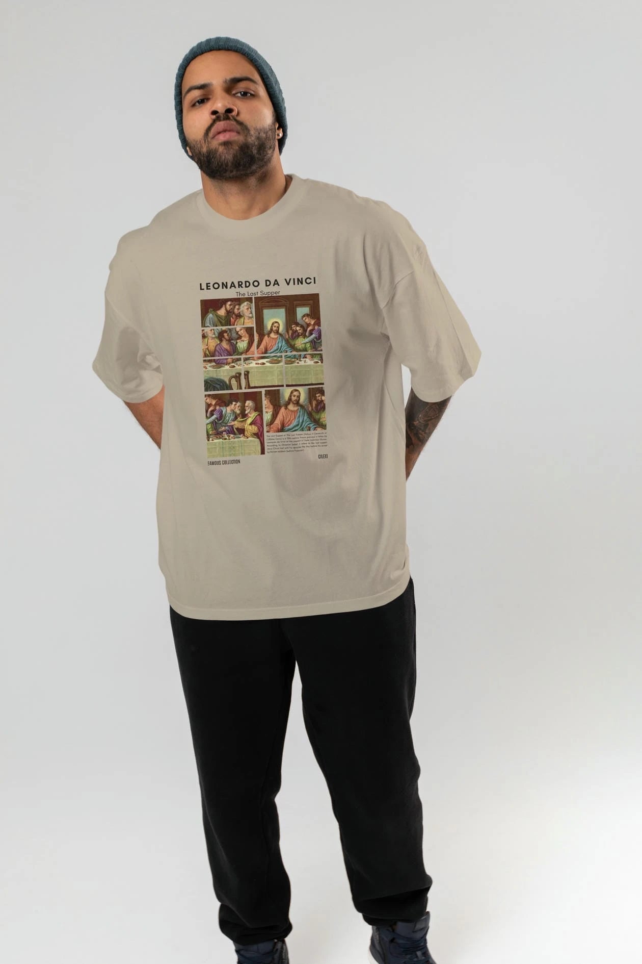 Leonardo Da Vinci ön Baskılı Oversize t-shirt Erkek Kadın Bisiklet Yaka Pamuk tişort