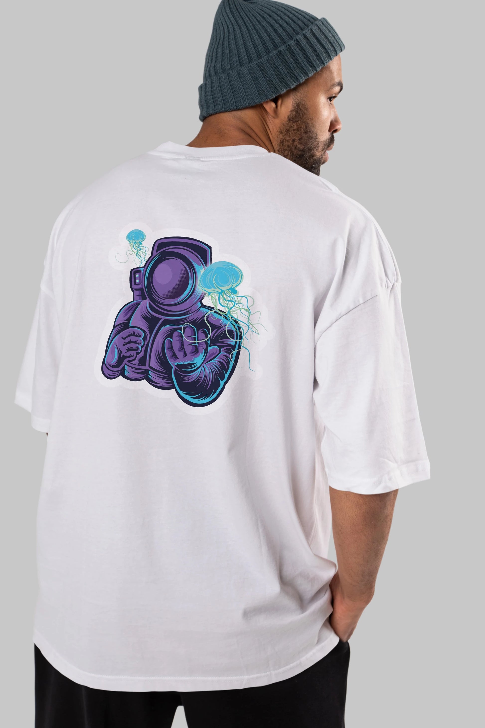 Astronaut and Jellyfish Sticker Arka Baskılı Oversize t-shirt Erkek Kadın Unisex