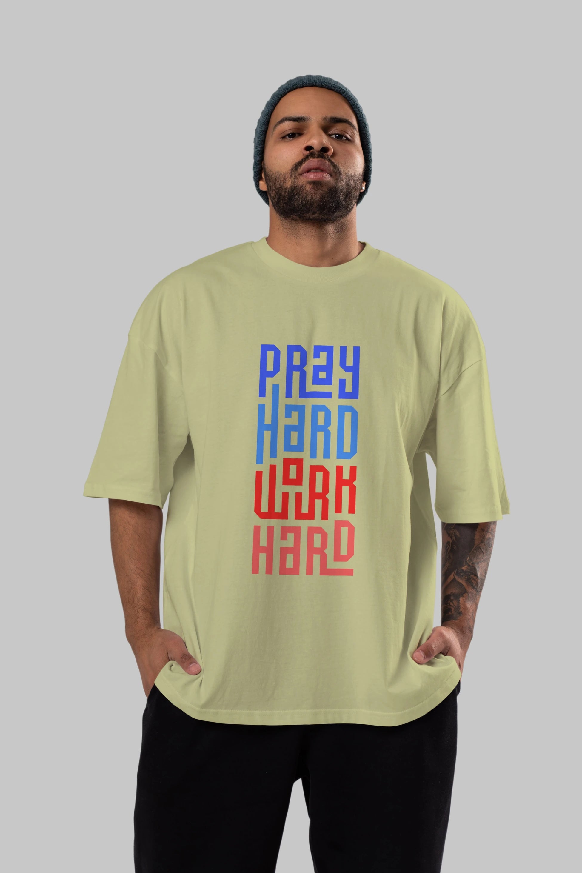Pray Hard Work Hard Yazılı Ön Baskılı Oversize t-shirt Erkek Kadın Unisex