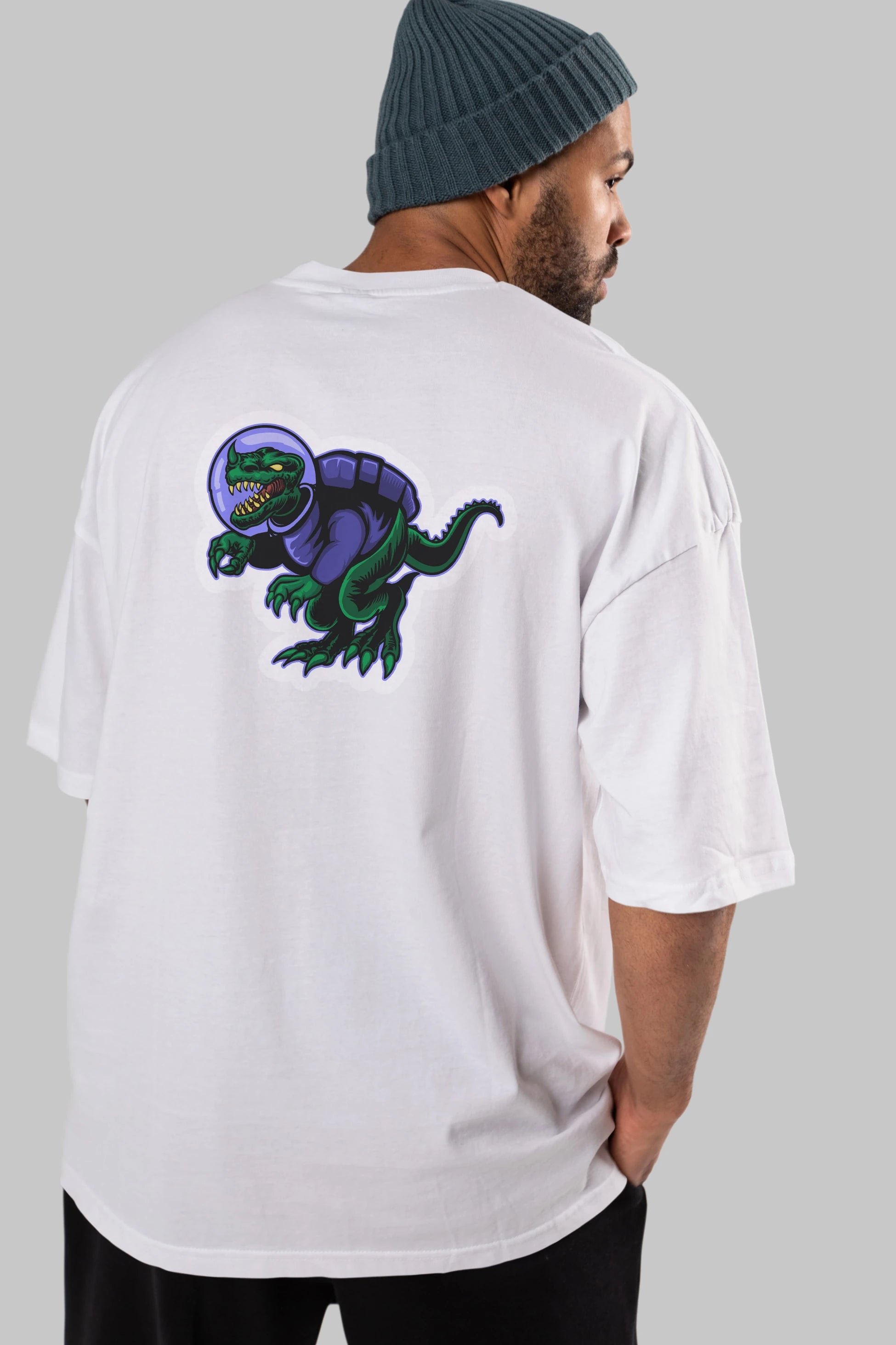Space Dino Sticker Arka Baskılı Oversize t-shirt Erkek Kadın Unisex