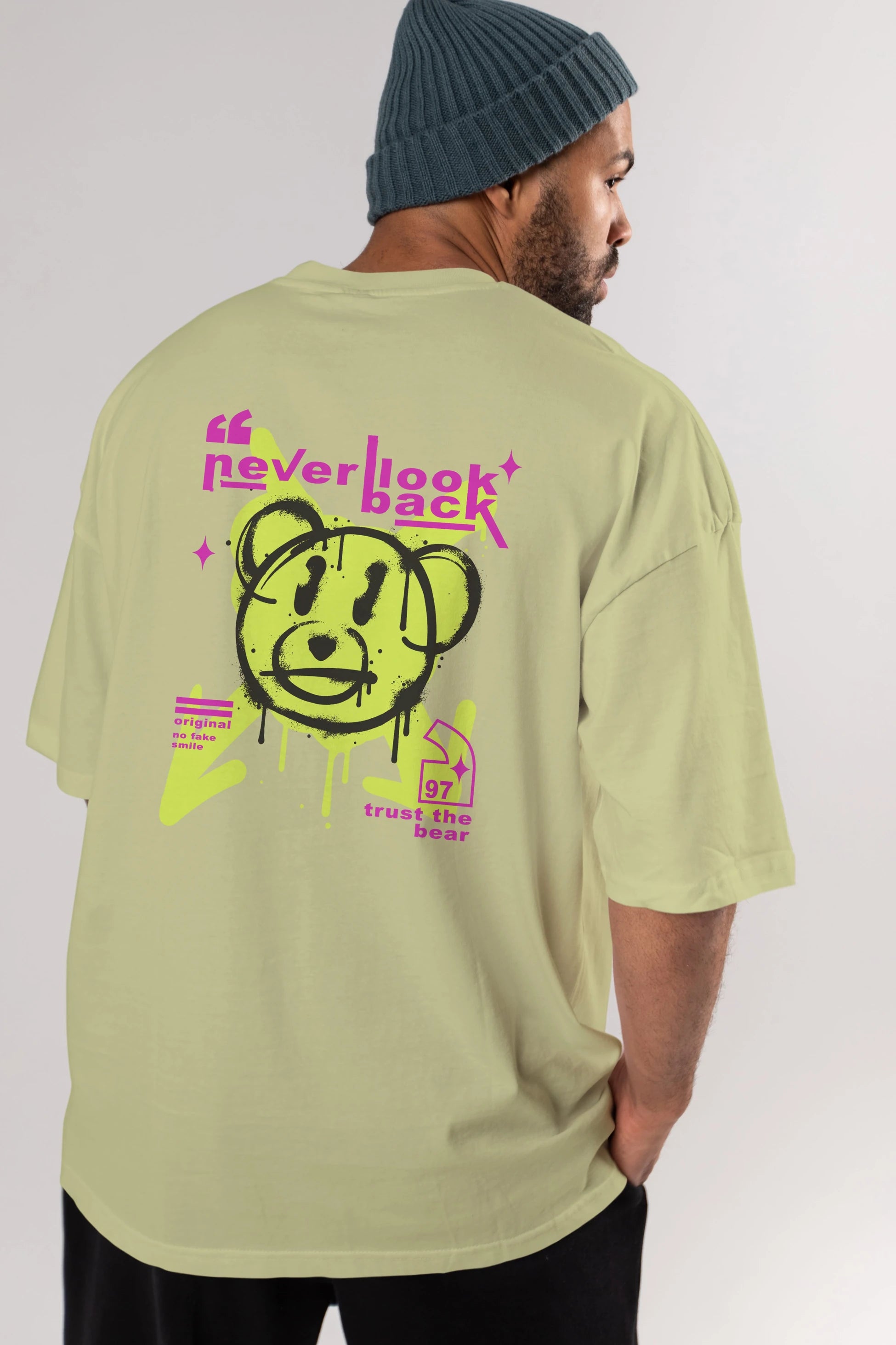 Never Look Back Bear Arka Baskılı Oversize t-shirt Erkek Kadın Unisex