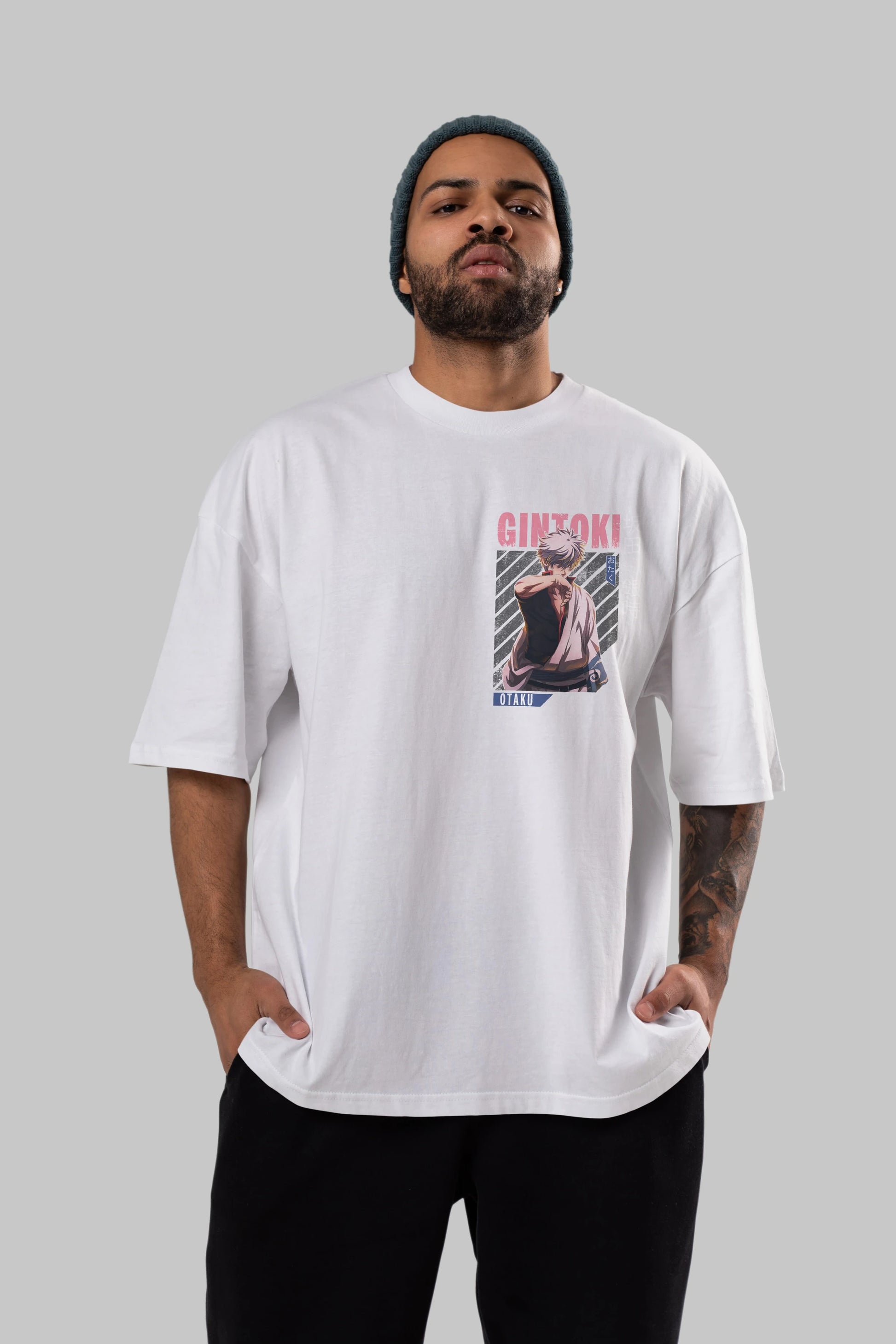 Gintoki Sakata Ön Sol Baskılı Oversize t-shirt Erkek Kadın Unisex %100 Pamuk Bisiklet Yaka tişort