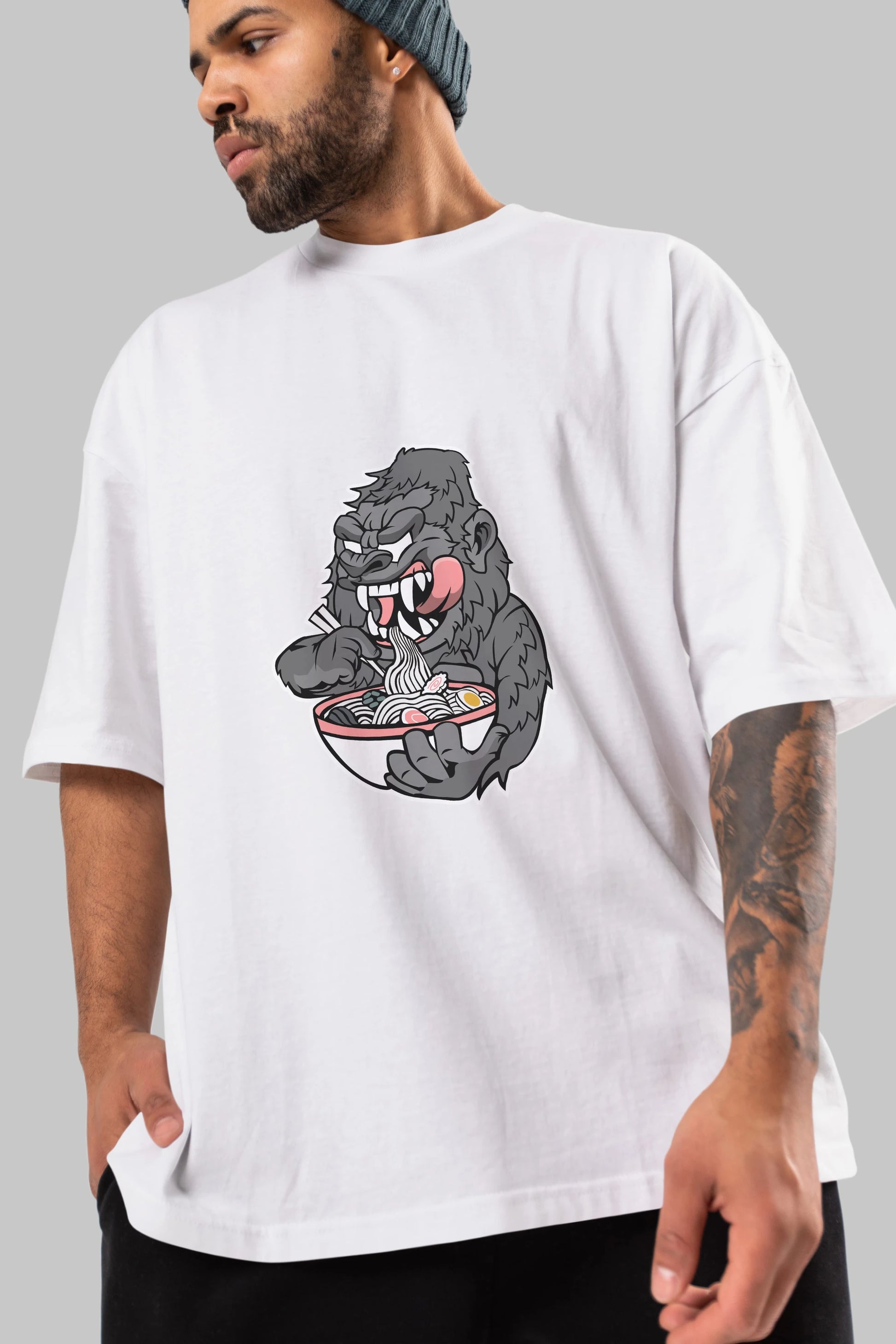 Big Gorilla Ramen Ön Baskılı Oversize t-shirt Erkek Kadın Unisex %100 Pamuk tişort