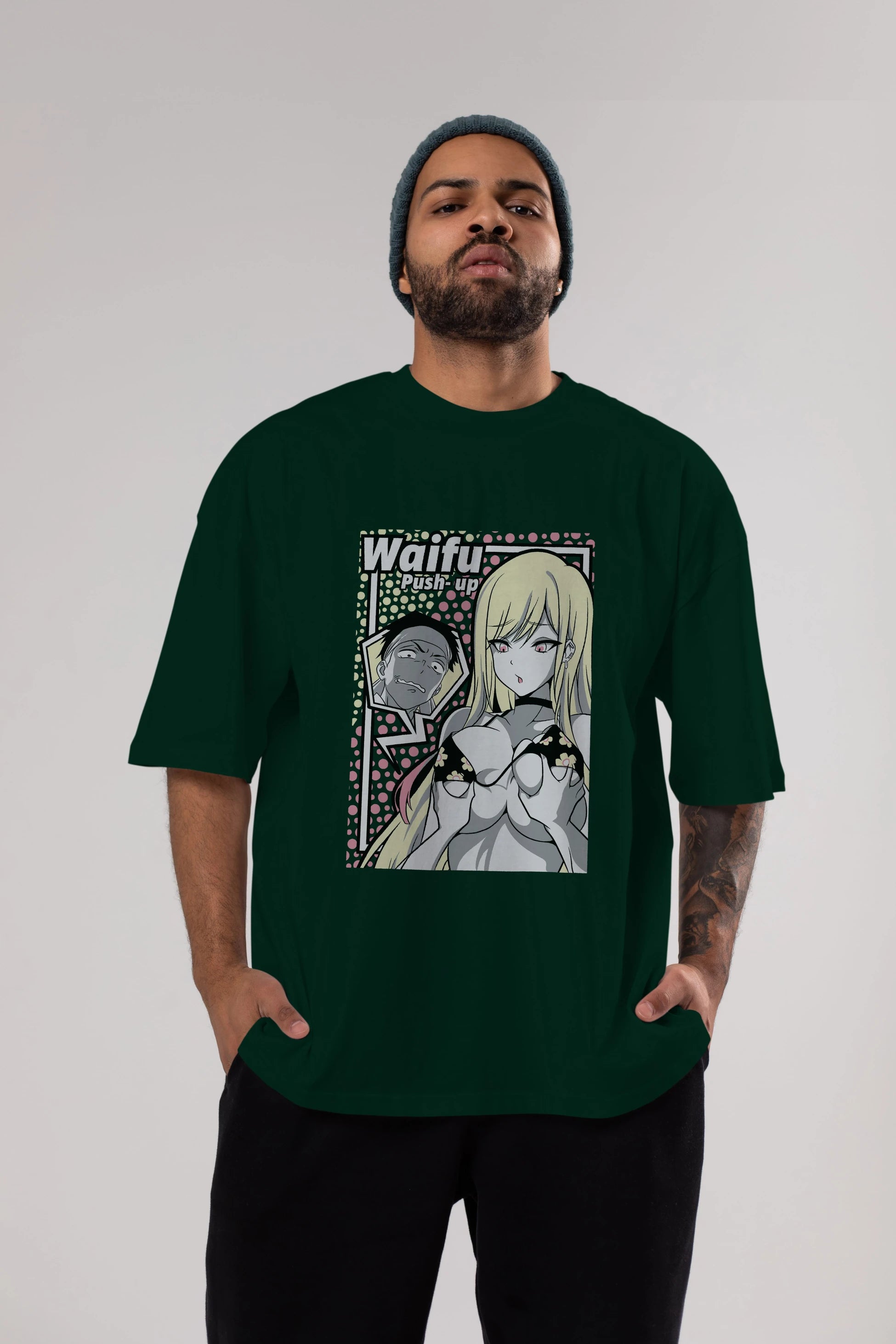 Waifu PushUp Anime Ön Baskılı Oversize t-shirt %100 pamuk Erkek Kadın Unisex