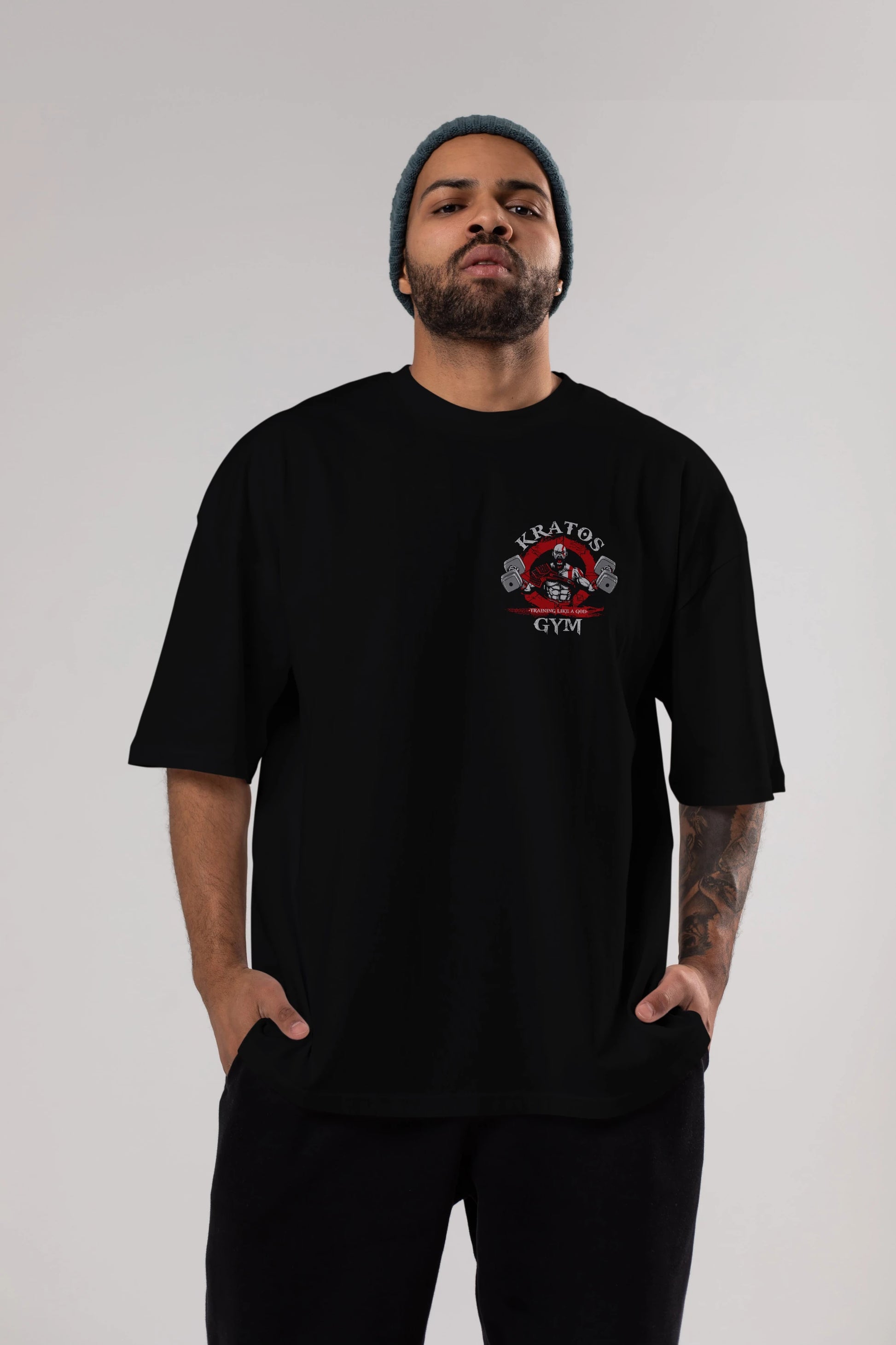 Kratos GYM Ön Sol Baskılı Oversize t-shirt Erkek Kadın Unisex %100 Pamuk Bisiklet Yaka tişort