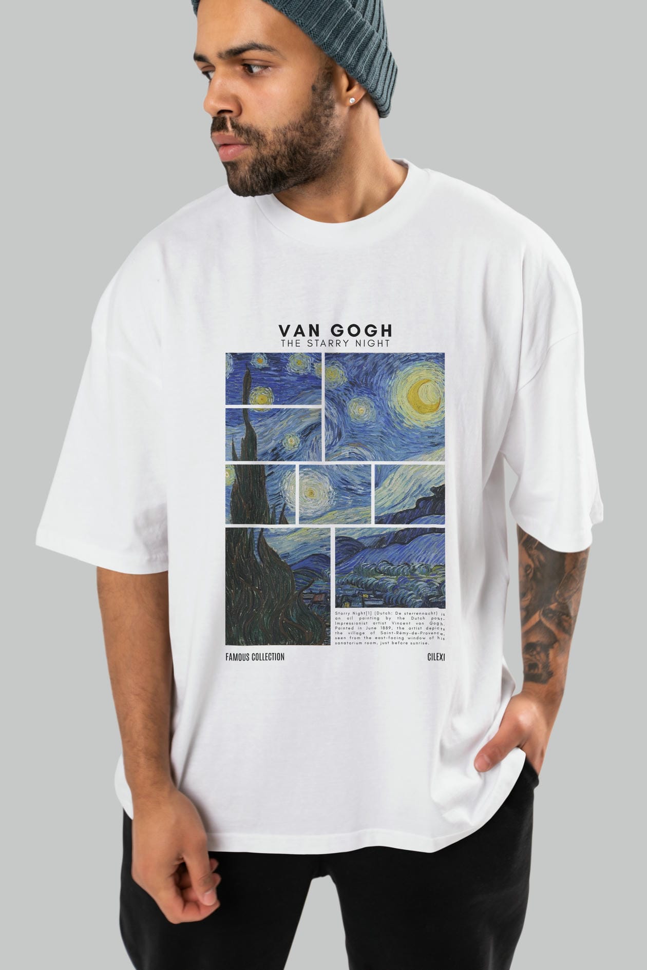 Van Gogh The Starry Night ön Baskılı Oversize t-shirt Erkek Kadın Bisiklet Yaka Pamuk tişort