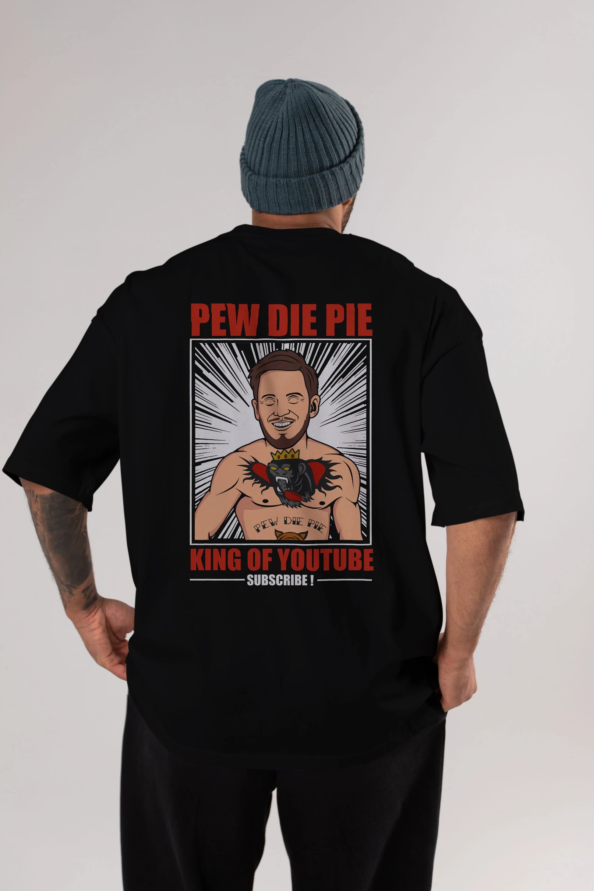 Pew Die Pie Fighter Arka Baskılı Oversize t-shirt Erkek Kadın Unisex %100 Pamuk tişort