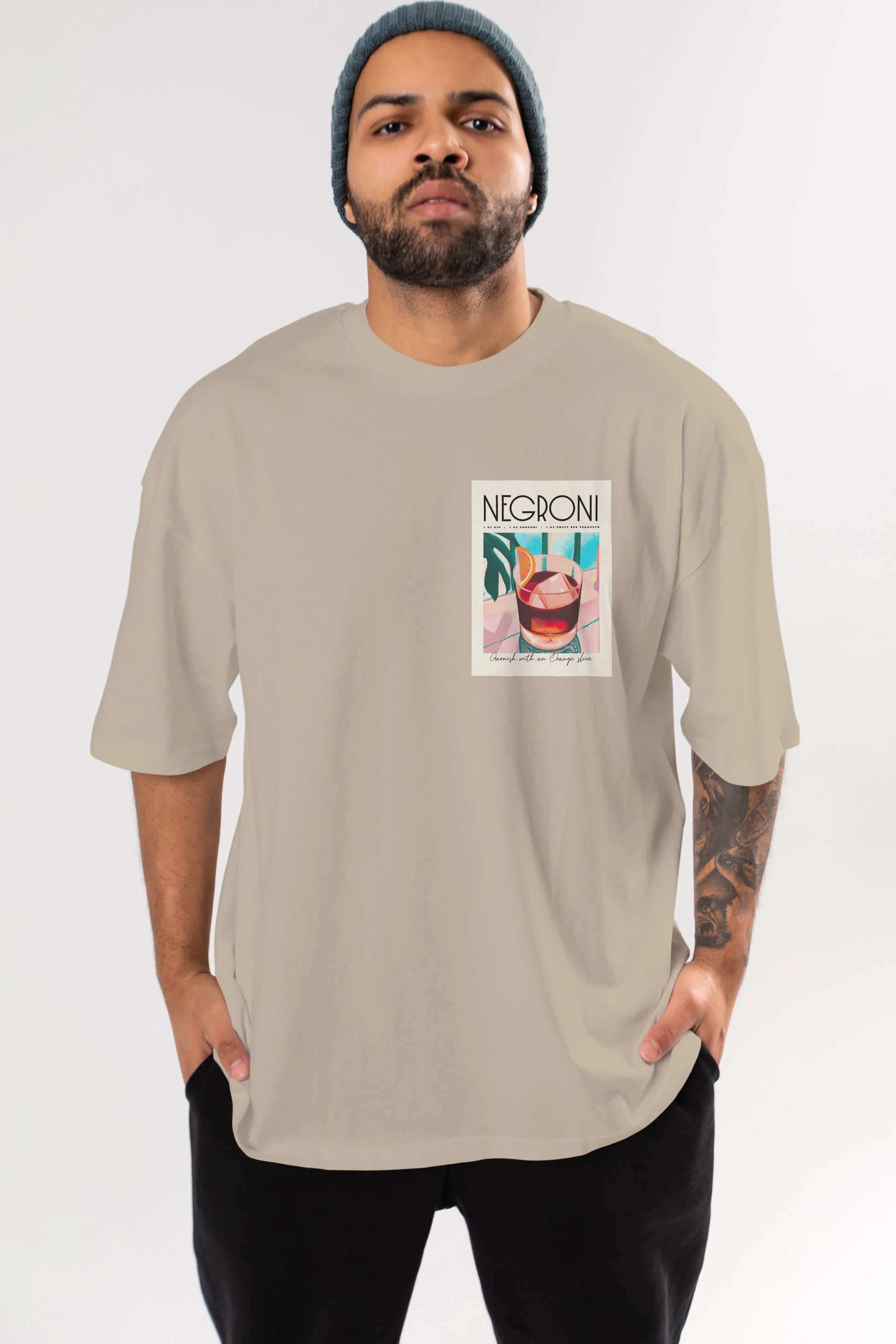 Negroni 4 Ön Sol Baskılı Oversize t-shirt Erkek Kadın Unisex %100 Pamuk Bisiklet Yaka tişort