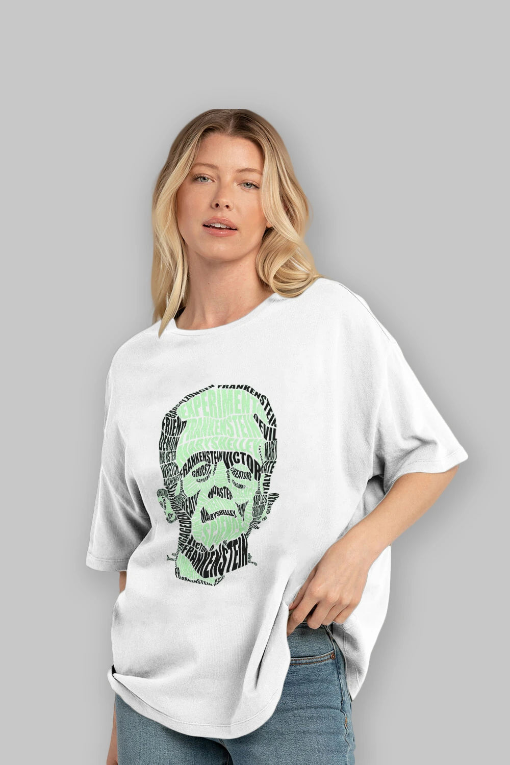 Frankenstein Calligram Ön Baskılı Oversize t-shirt %100 pamuk Erkek Kadın Unisex