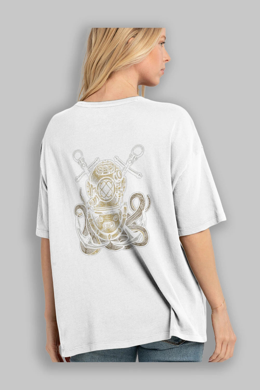 Diver Octopus Arka Baskılı Oversize t-shirt Erkek Kadın Unisex %100 Pamuk