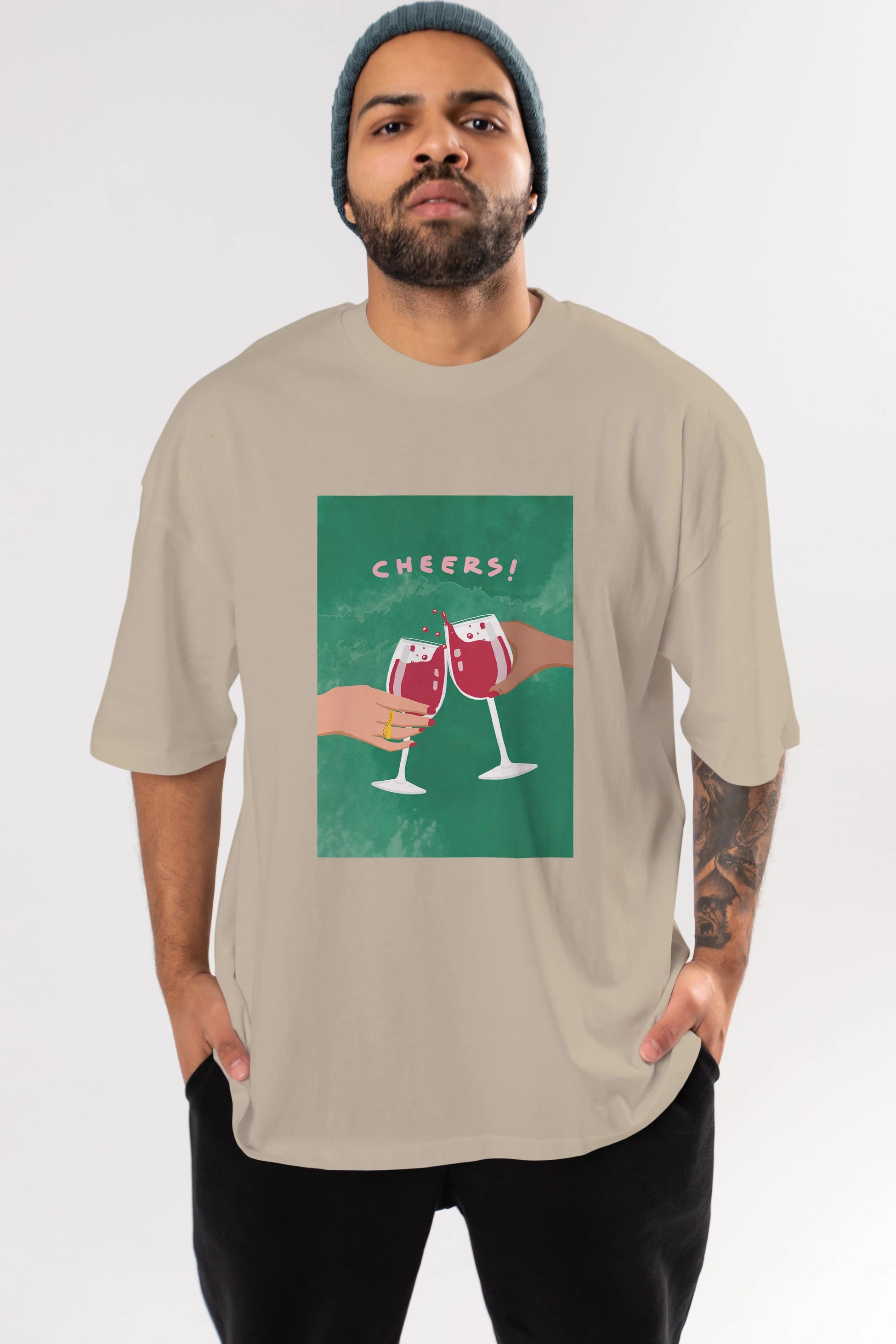 Cheers Ön Baskılı Oversize t-shirt Erkek Kadın Unisex %100 Pamuk Bisiklet Yaka tişort