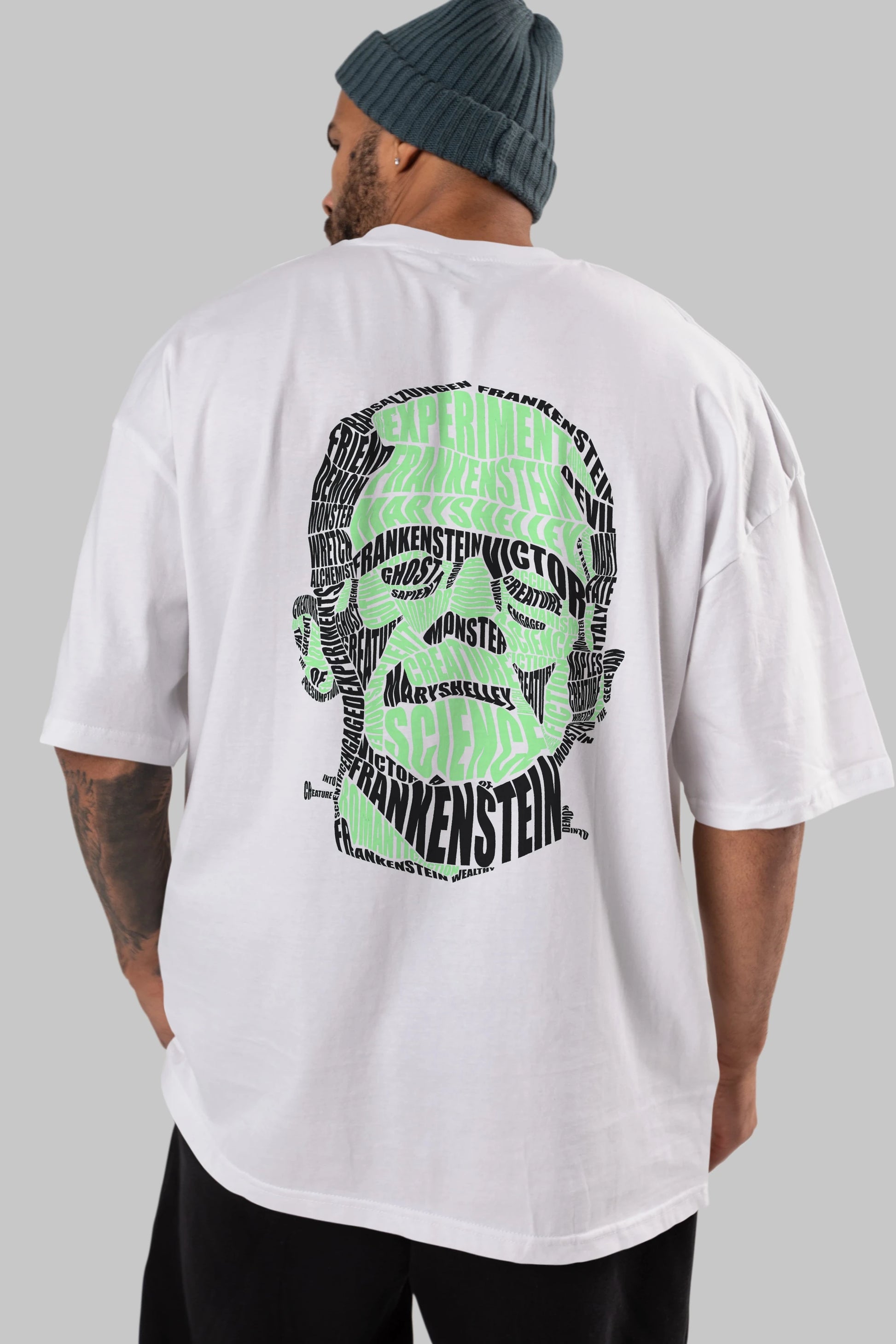 Frankenstein Calligram Arka Baskılı Oversize t-shirt %100 pamuk Erkek Kadın Unisex