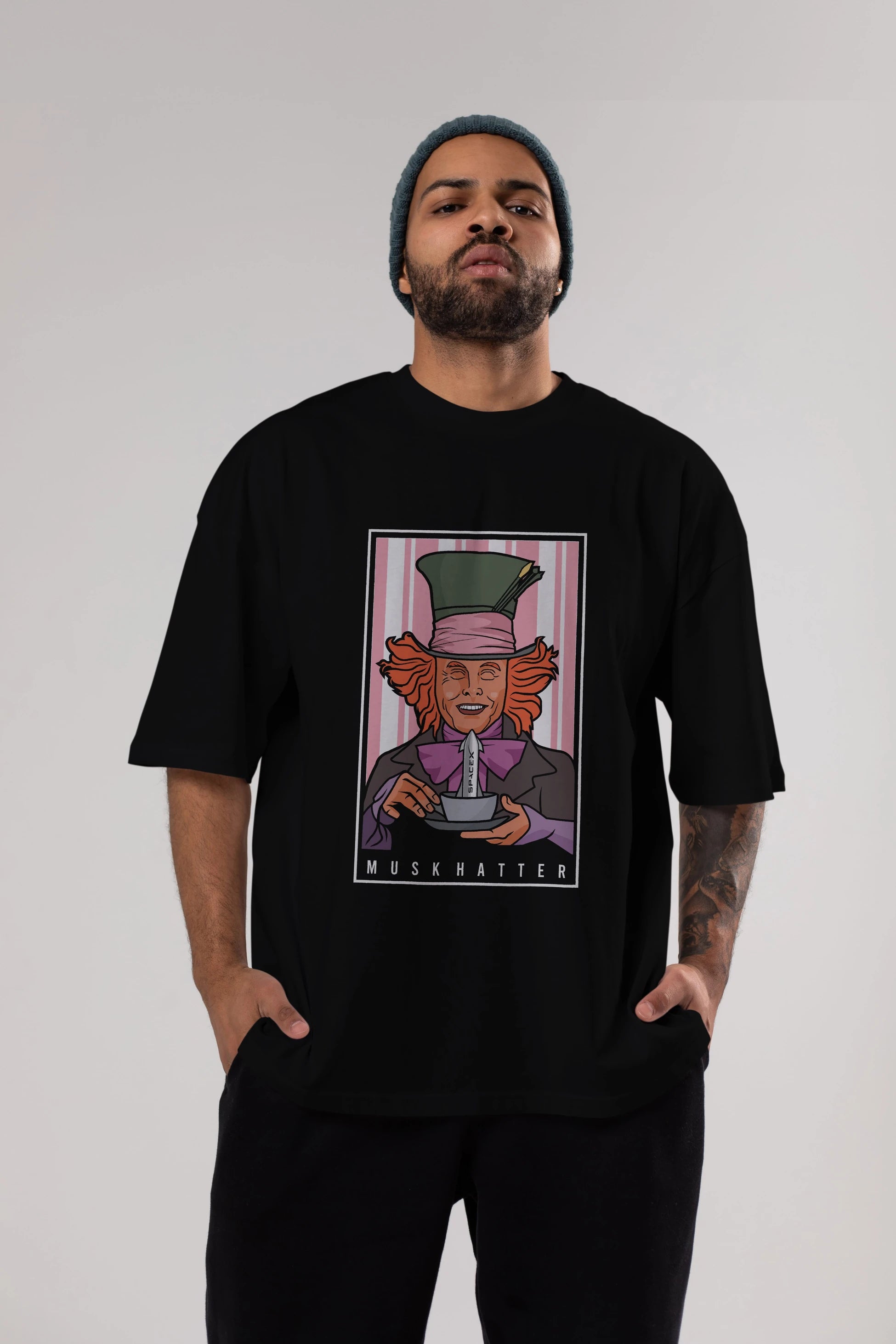 Mad Hatter Elon Musk Ön Baskılı Oversize t-shirt Erkek Kadın Unisex %100 Pamuk tişort