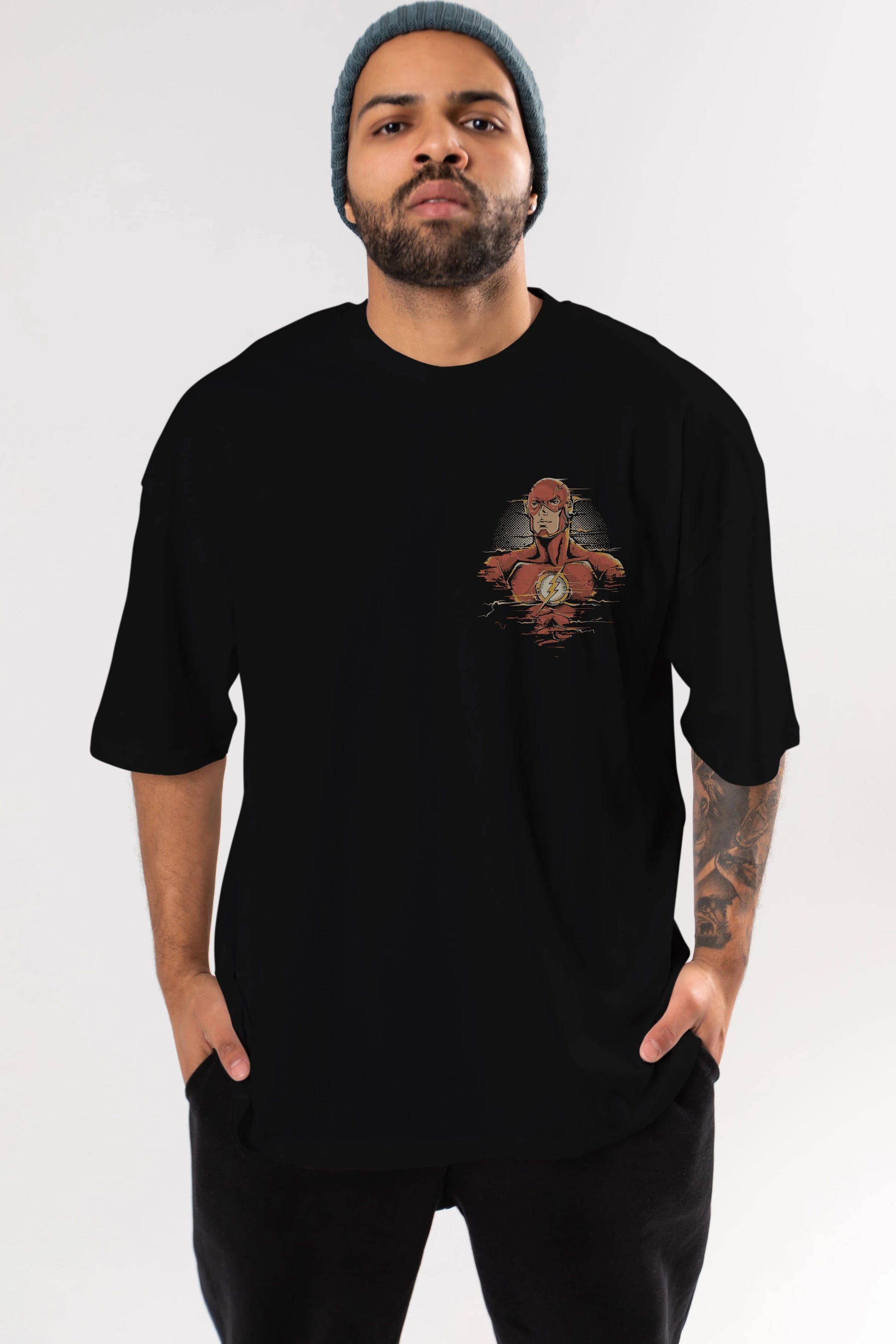 Flash Avengers Ön Sol Baskılı Oversize t-shirt Erkek Kadın Unisex %100 Pamuk Bisiklet Yaka tişort