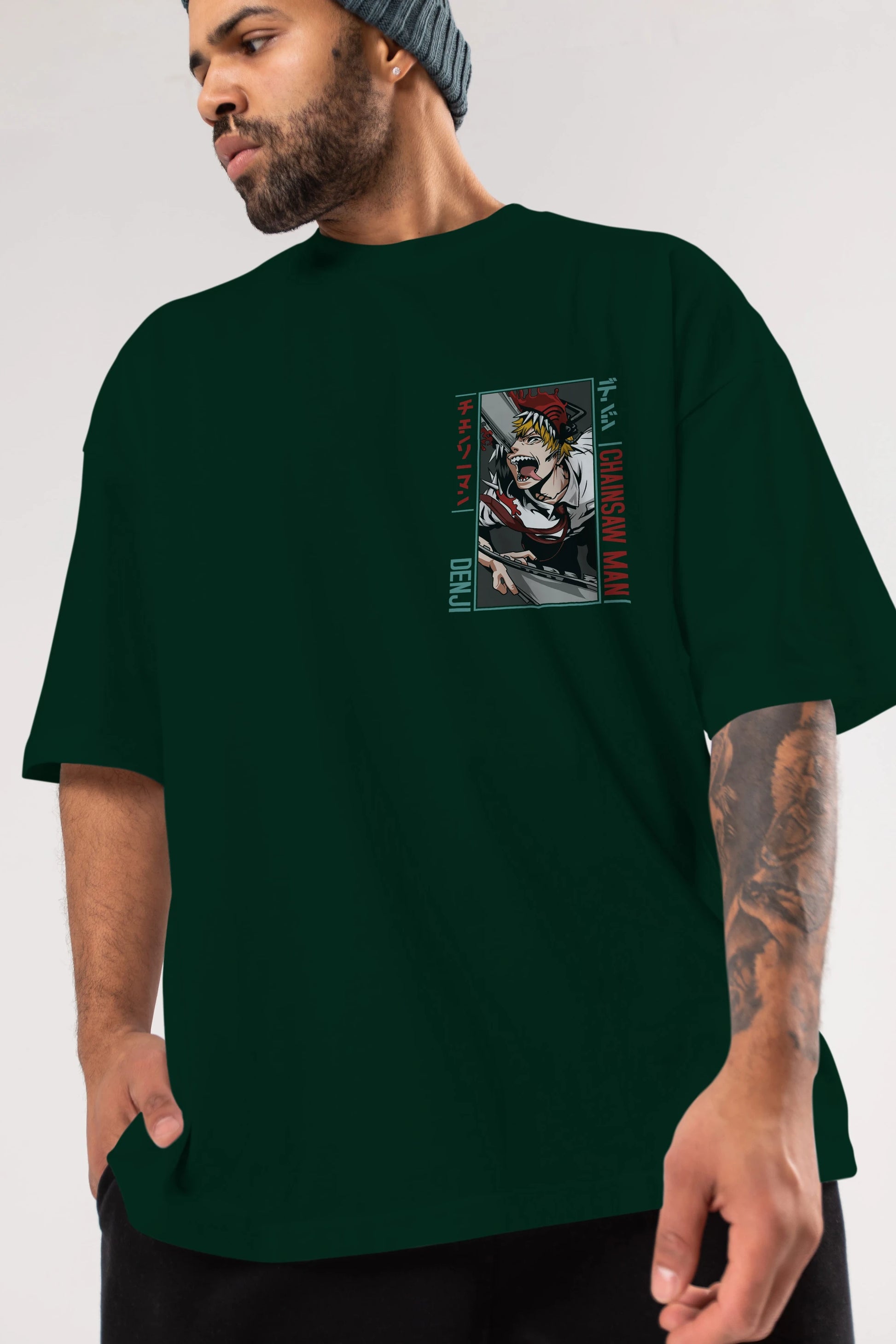 Denji Chainsaw Man Ön Sol Baskılı Oversize t-shirt Erkek Kadın Unisex %100 Pamuk Bisiklet Yaka tişort