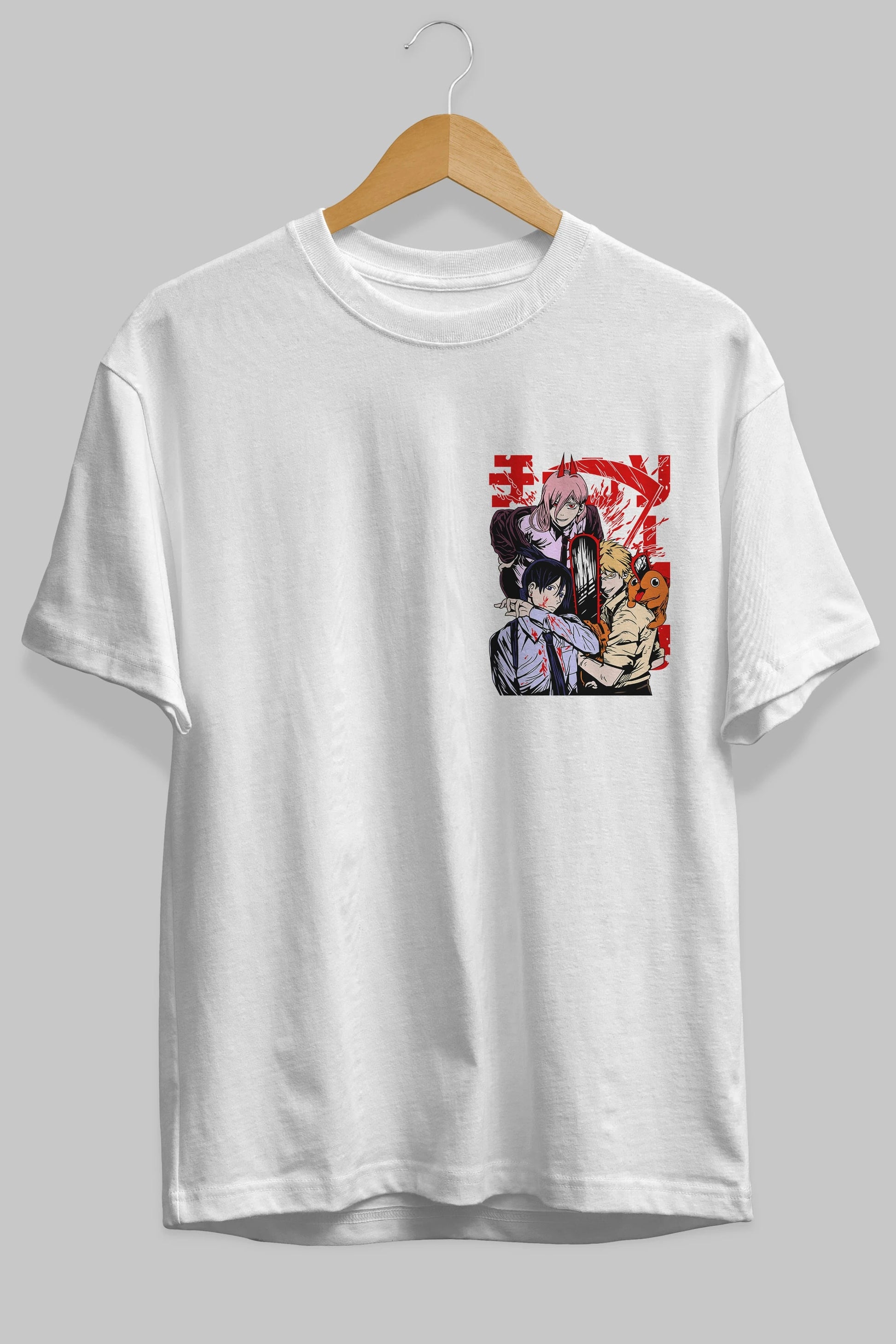 CHAINSAWMAN CREW Ön Sol Baskılı Oversize t-shirt Erkek Kadın Unisex %100 Pamuk Bisiklet Yaka tişort